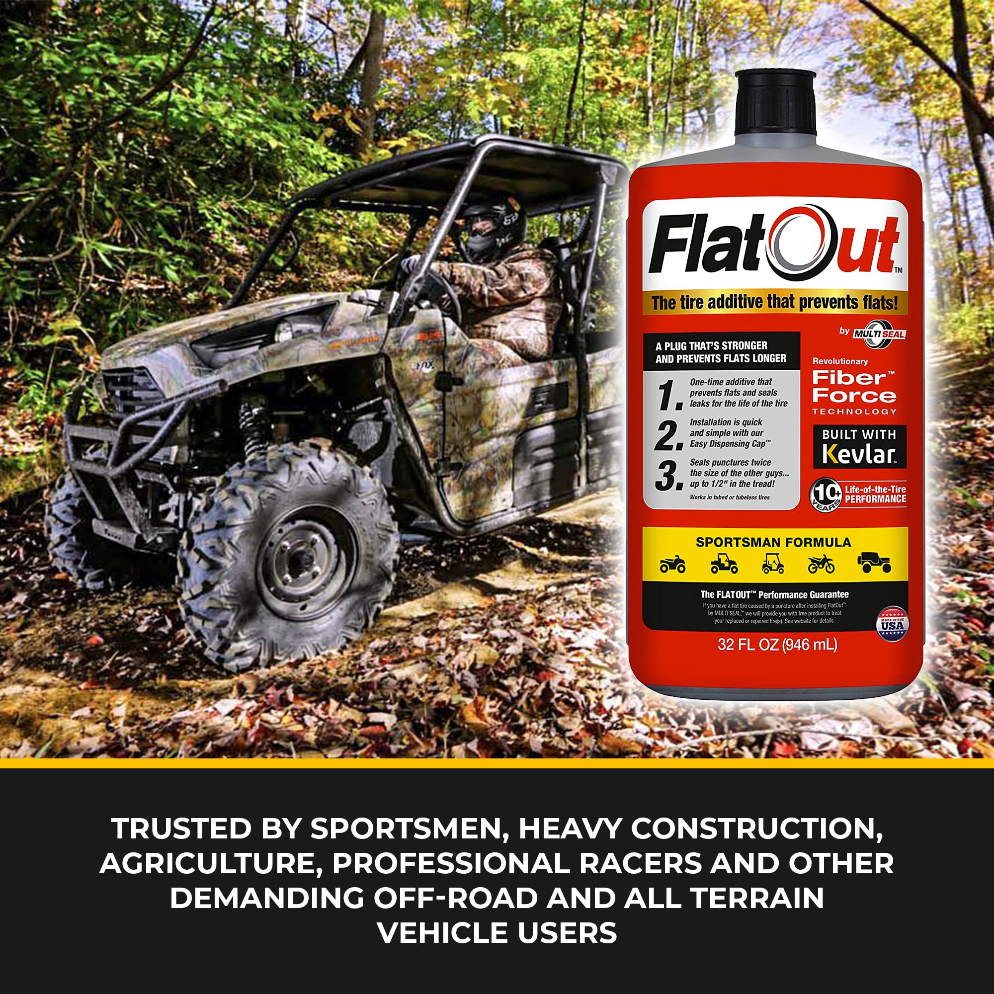 FlatOut Tire Sealant Sportsman Formula Prevent Flat Tires, Seal Leaks, Contains Kevlar, 32
