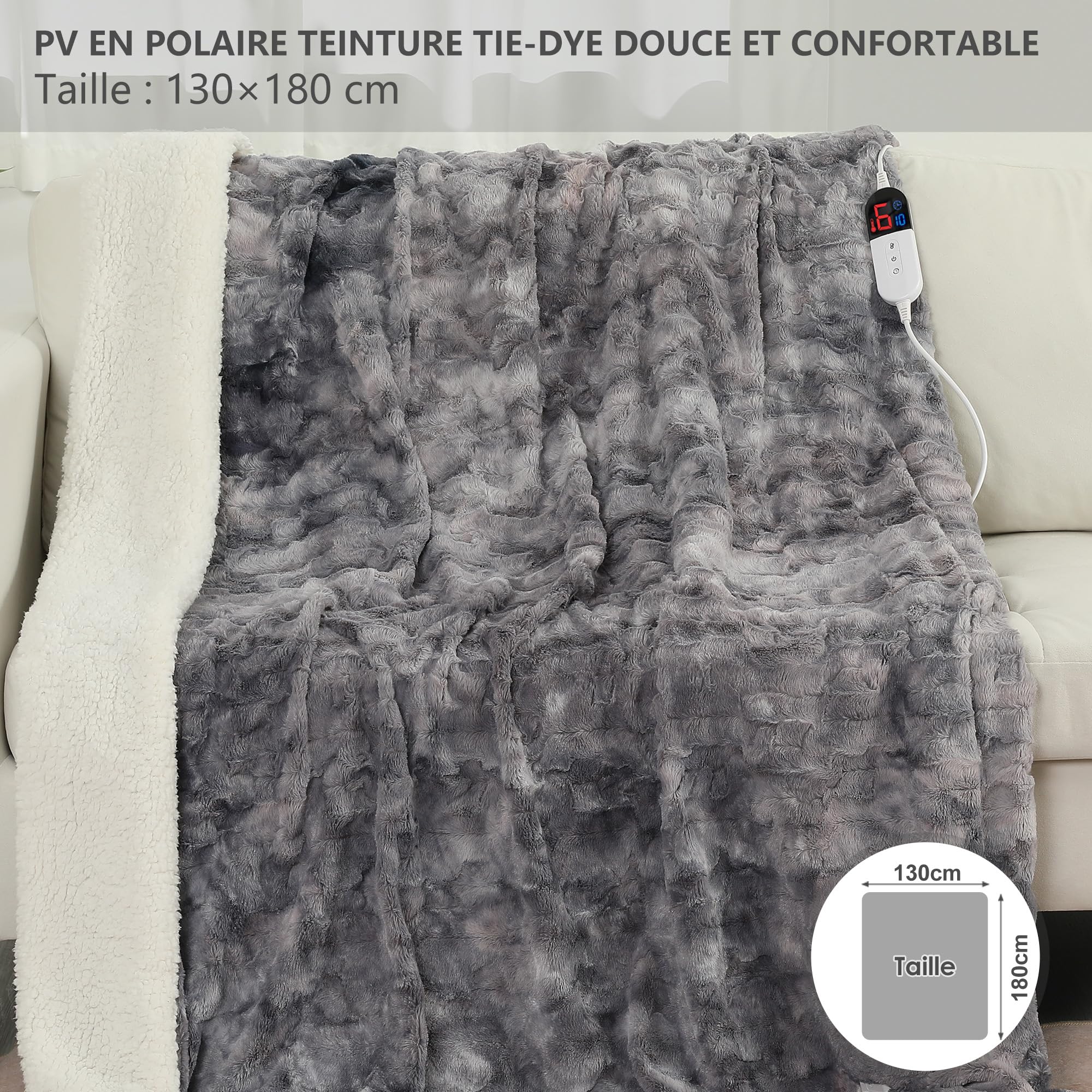 COZYTY Koc termiczny – koc elektryczny z automatycznym wyłączaniem, 130 x 180 cm, szaro-czarny polar Tie-Dye, 6 stopni grzania i 10 h automatyczne wyłączanie, można prać w pralce – miękki koc