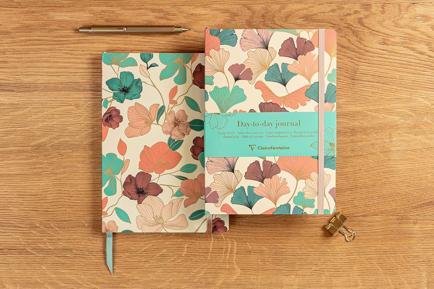 Clairefontaine - 116255C - Day-To-Day Journal A5 14,8x21cm 192 Pages Dot Floral/Ginkgo Leaves Pocket Bookmark Elastic Gaïa Collection beige Random delivery