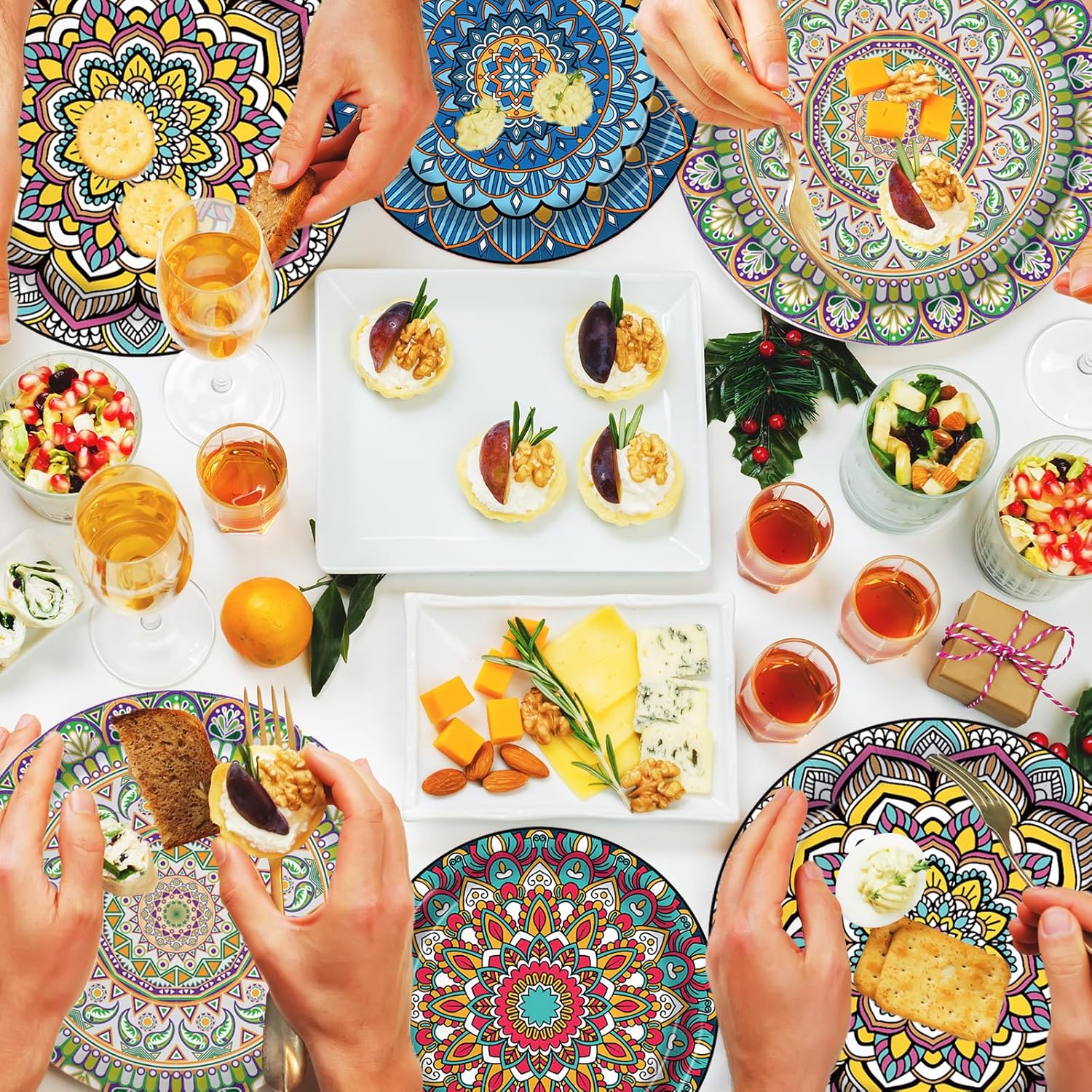 100PCS Boho Paper Plates 7Inch & 9Inch, Vintage Bohemian Disposable Dinnerware Plates for Birthday Gatherings Holiday Favor Baby Shower Party Supplies,50 Guests(Blue,Green,Red,Pink)