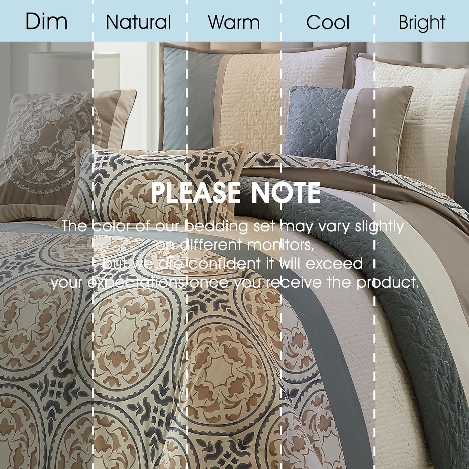 Queen Comforter Set, Green Taupe, Soft Microfiber Print Fabric Bedding Set, Luxury Home Decor, Bed in a Bag, 7 Pieces Included Comforter, Bedskirt, Shams and Decor Pillows