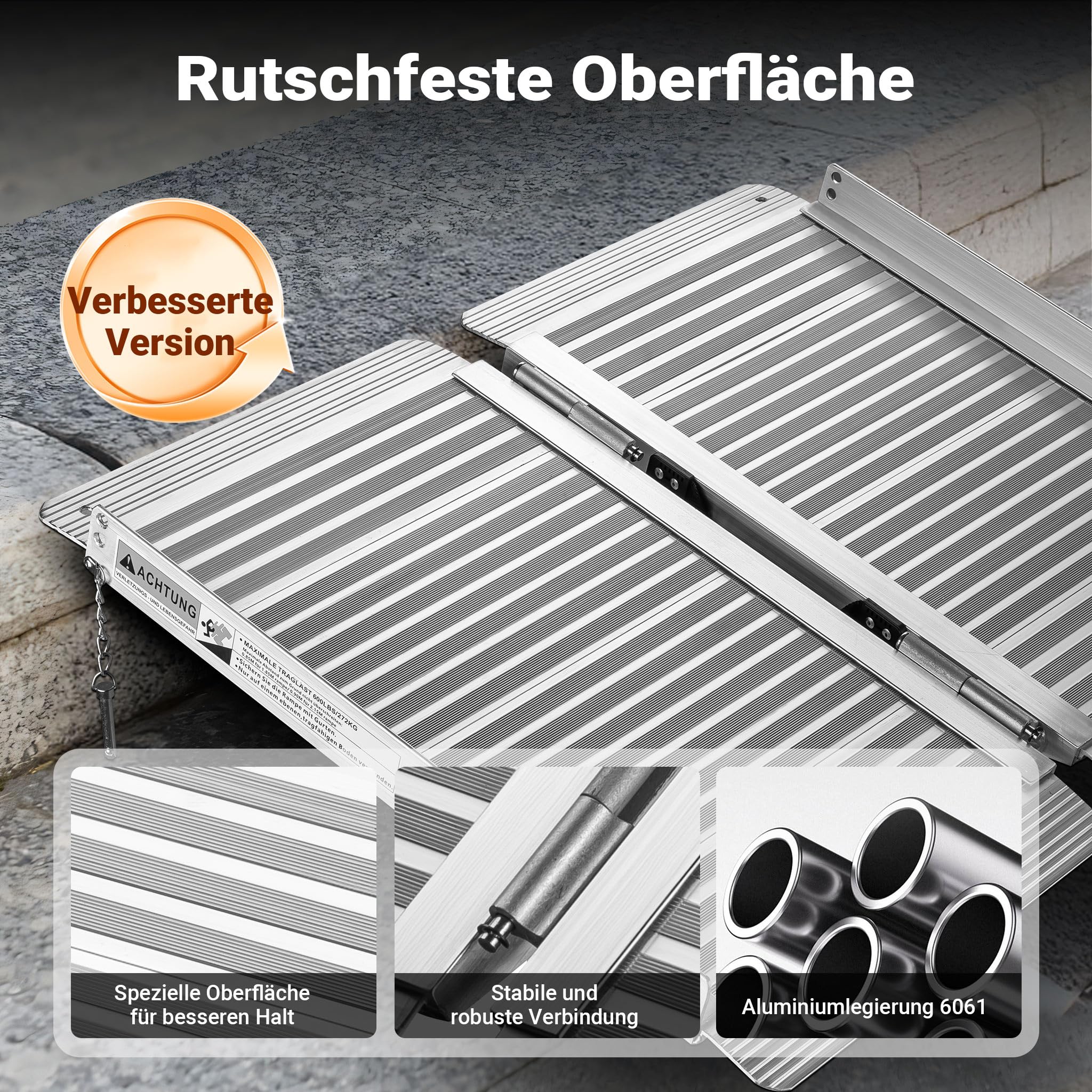 Wiltec Rollstuhlrampe faltbar 62 cm 270 kg, Mobile Auffahrschiene als Rollirampe, Aluminium Kofferrampe, Flachrampe klappbar
