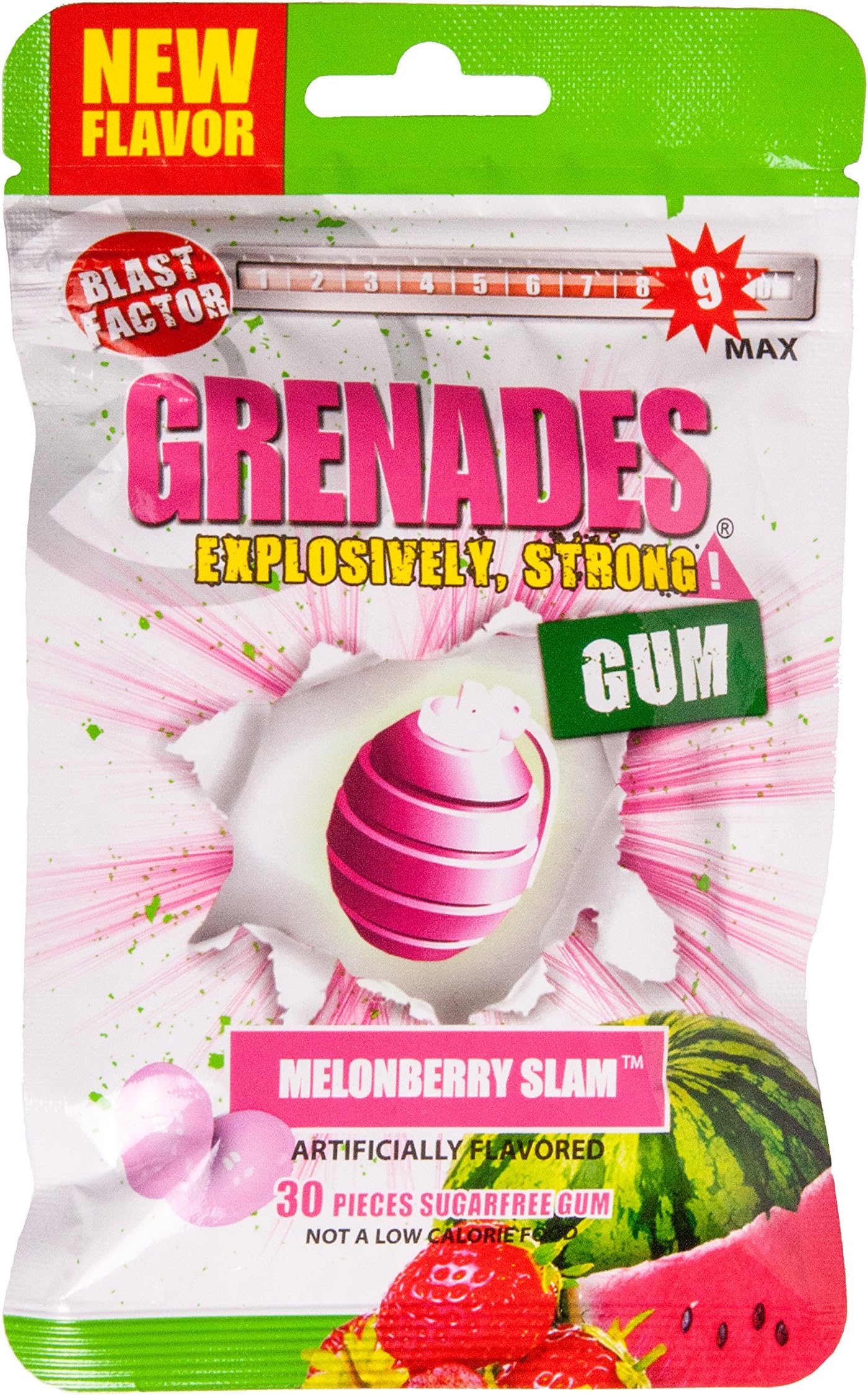 Grenades, Explosively Intense Sugar Free Chewing Gum (MelonBerry, 1 Pack)