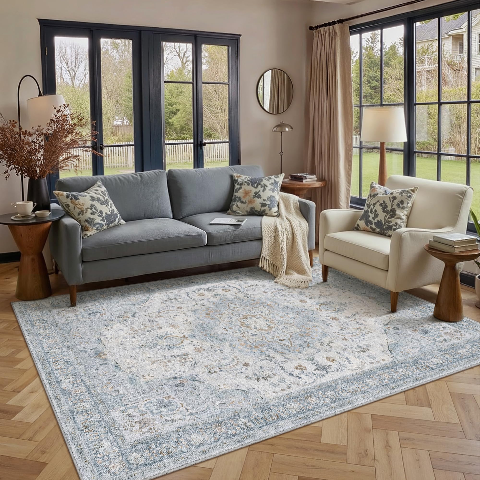 PureCozy Vintage Rugs Living Room Large Washable 160x230cm Carpet Blue Non Slip Area Rug for Kids Bedroom Bedside Nursery Playroom Lounge Office Indoor Low Pile Carpets