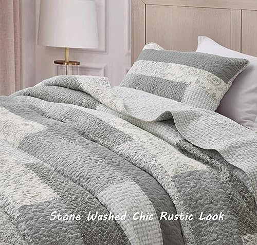 Vista 31 de Chezmoi Collection Samuel Juego de colcha con relleno de cuadros gris pardo, blanco y azul marino, 3 piezas, retales, algodón prelavado, ligero