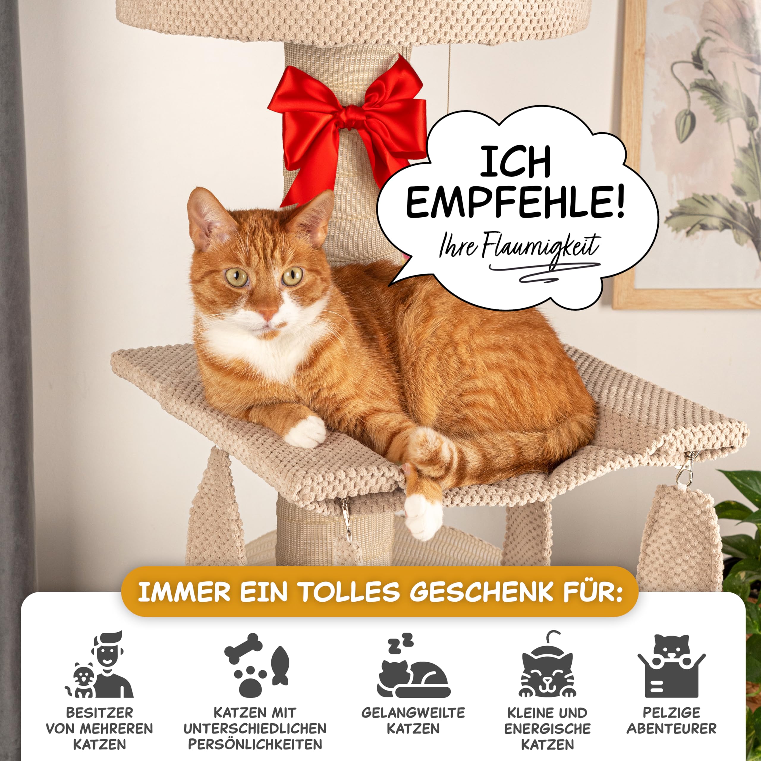 Outentin Kratzbaum für Katzen, mit kleinem Katzenlaufrad aus Holz, Massiver & Stabiler Katzenbaum, Robuster mittelgroßer Kletterbaum & Aktivitätskratzbäume, 135 cm hoch, Dicke Stämme (Beige)