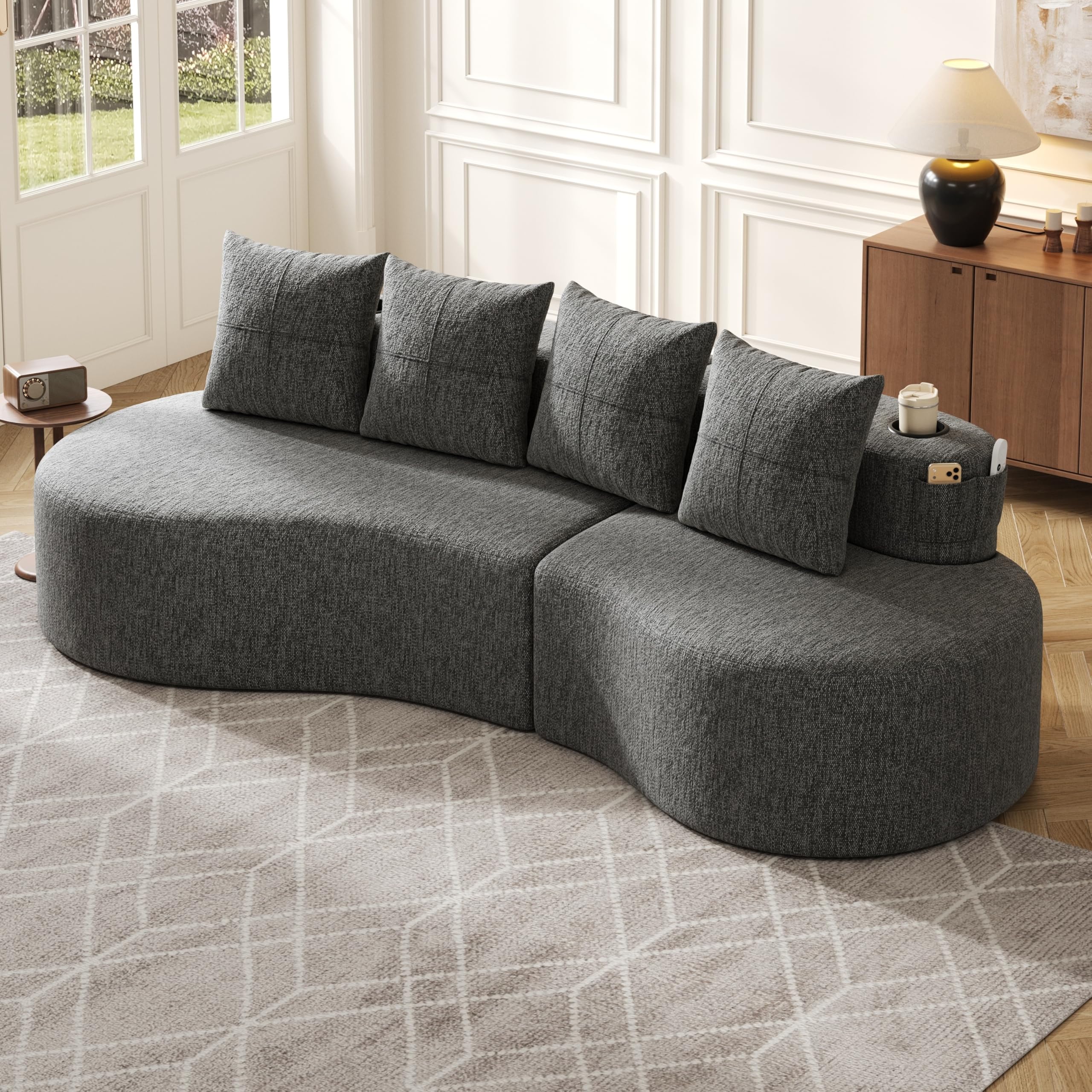 Sofá Cloud de Bladez, sofá curvo con tela de lino, sofá modular con 4 cojines, portavasos y bolsillo lateral, sofá sin patas con relleno de espuma de alta densidad y piezas de resorte, para salón