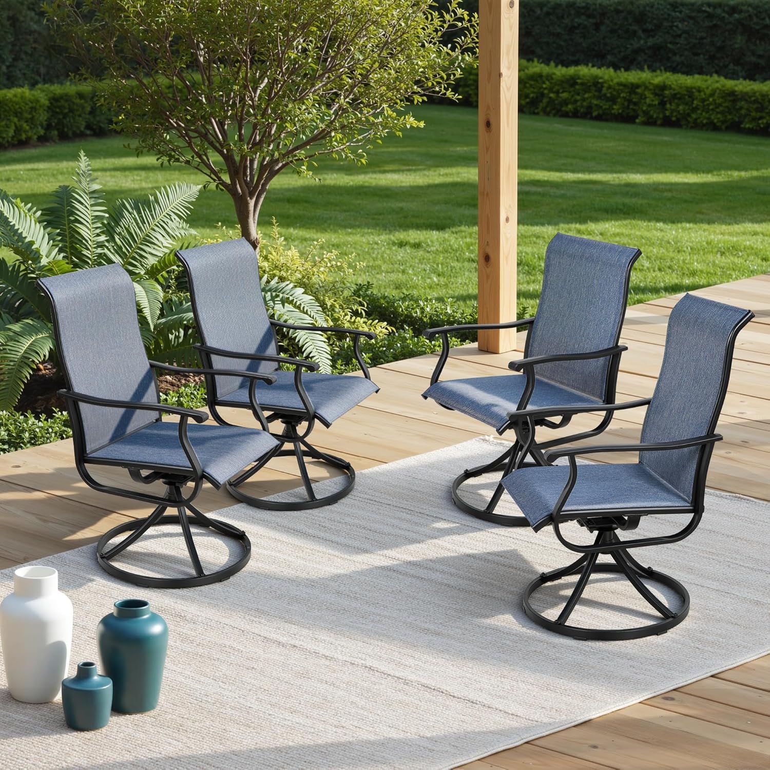 SUNCROWN Patio Swivel Rocker Dining Chairs Set of 4, All Weather High Back Textilene Outdoor Chairs with Sturdy Metal Frame, Swivel Rocking Patio Chairs for Backyard Lawn Garden Porch Deck, Blue