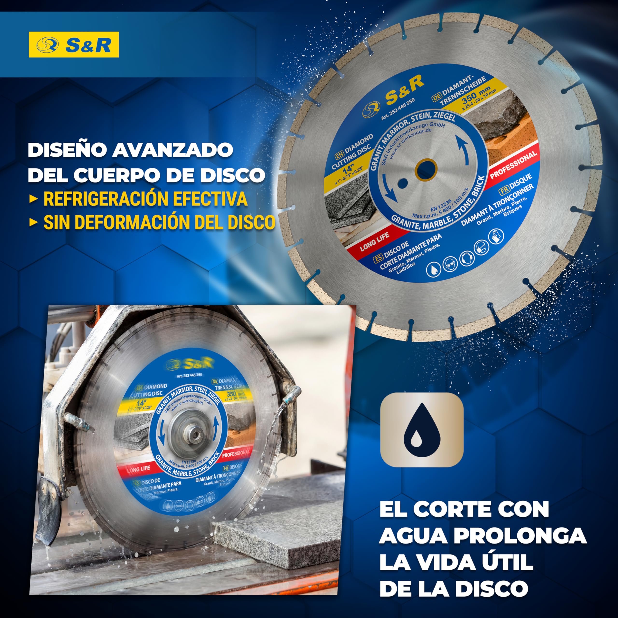S&R Disco diamante 350 Disco Tronzador Diamante 350 mm para Cerámica Granito Piedra Mármol Mampostería. Calidad Industrial