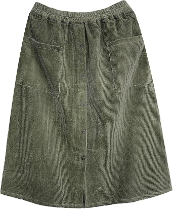 Minibee Womens Corduroy Midi Skirt Front Split Buttons Decoration A-Line Dress