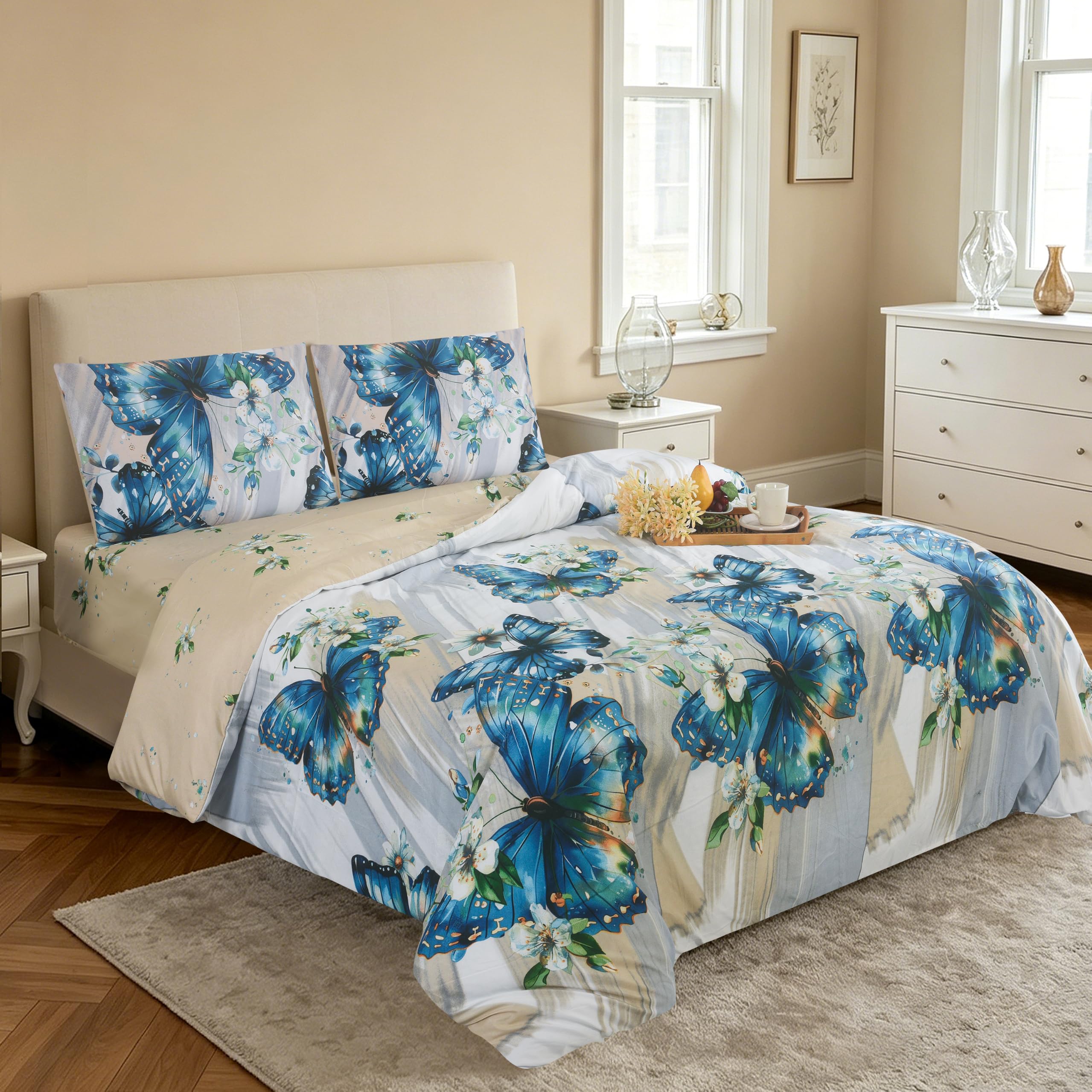 Hadi London Luxury 4 Piece Bedding Set – Duvet Cover, Fitted Sheet & 2 Pillowcases | Wrinkle-Free, Fade Resistant – Floral & Check Designs (Butterfly Luxe 3D, SUPER KING)