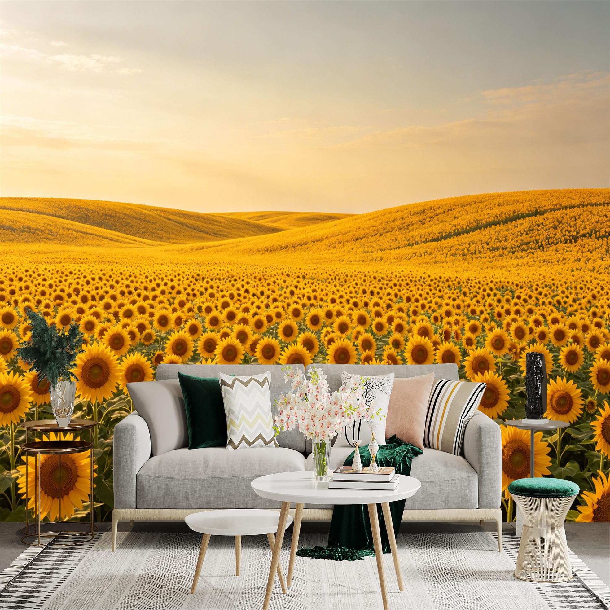 Lnzczhyre Dbh260521686 Custom Size Wall Sticker Mural， Vast Golden Sunflower Field， Warm Sunset Scenery， Rural Landscape View， For Wall Decoration， Peelandstick Wall Decals.