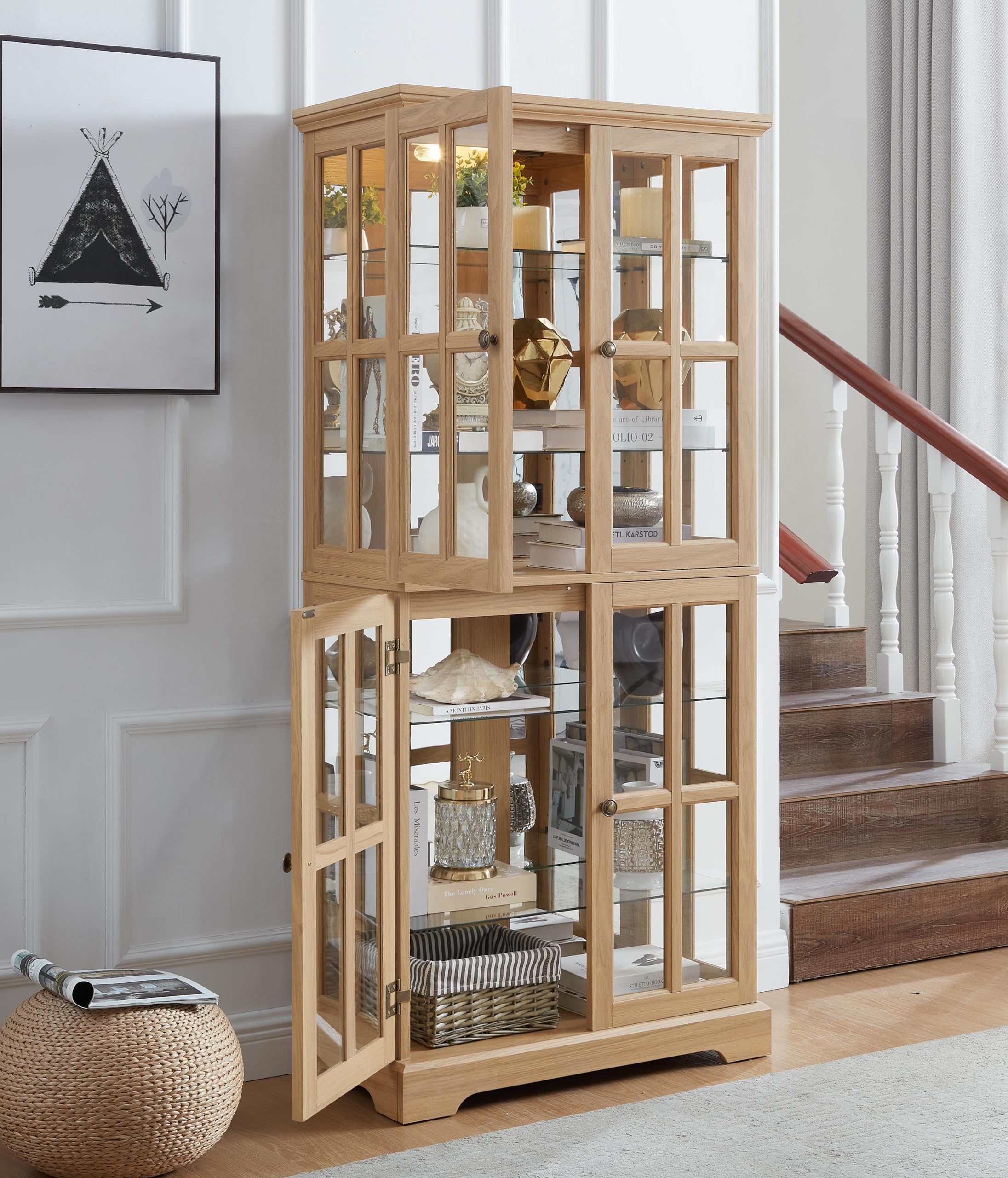 本棚・本収納 Antique Glass Door Cabinet Living Room Amazon.com - Antique Glass High Display Cabinet with 4 Grid Doors