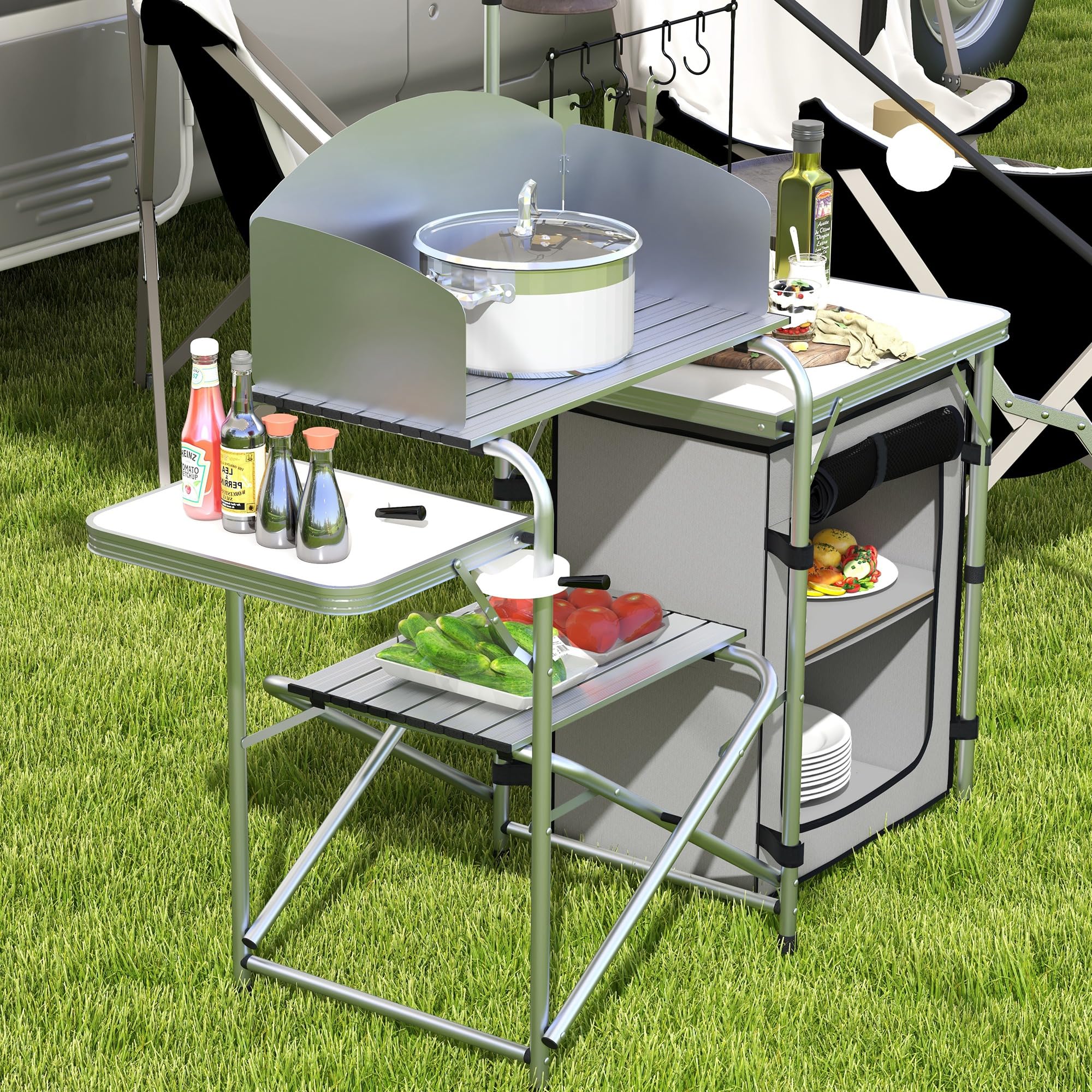 Outsunny Campingküche klappbar, Outdoor Küche mit Windschutz, UV-Schutz, 3 Arbeitsplatten, Schränkfach, Lichtständer, Aluminium, für Garten Camping, Silber