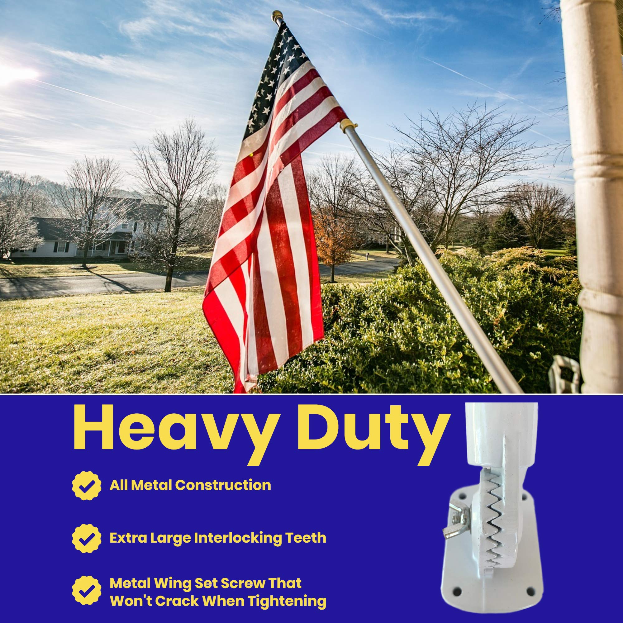 Premier Kites Adjustable Flag Pole Bracket | All Metal Heavy Duty Flag Pole Holder | for Poles Up to 1 1/6 Inches | White Flag Pole Holder Mounting Bracket with Hardware