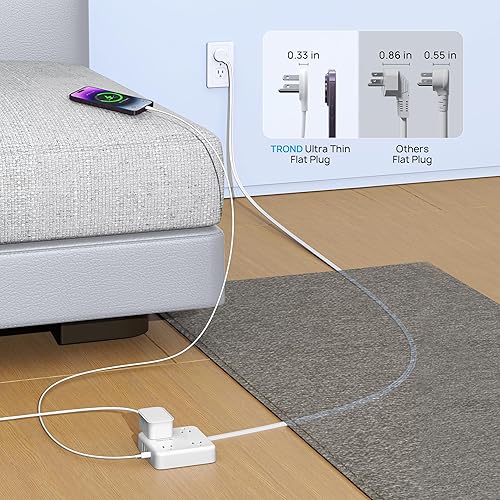 Miniatura 4 de TROND Regleta protectora de sobretensiones con puertos USB, cable de extensión de enchufe plano de 10 pies con múltiples tomas, 1440J, montaje en