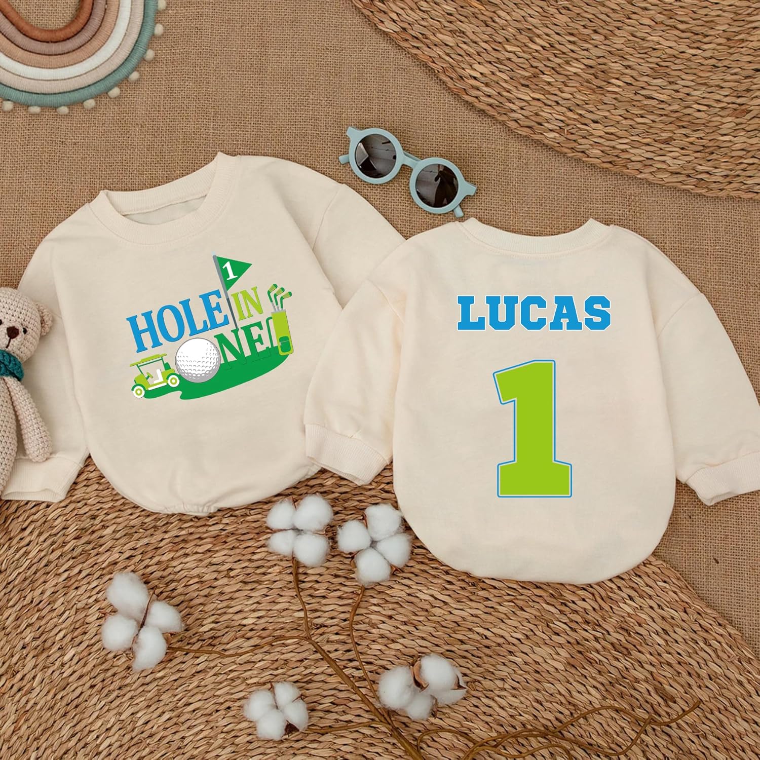Personalized Hole In One Sweatshirt Romper, Hole In One Birthday Outfit, Baby Boy Golf Outfit, Golf Onesie - Image 4