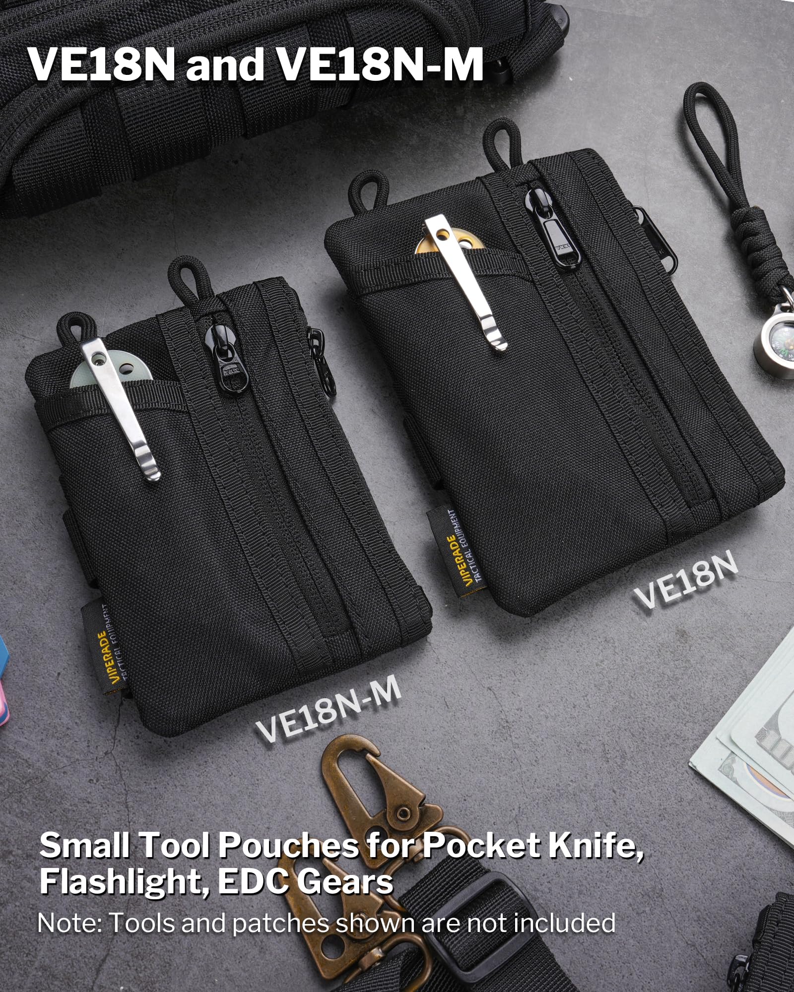 VIPERADE VE18N-M Pochette EDC, portefeuille de poche avec 3 emplacements EDC + 2 poches zippées, 1 grande poche pour ordinateur portable ou téléphone portable, organiseur de poche EDC fin pour homme