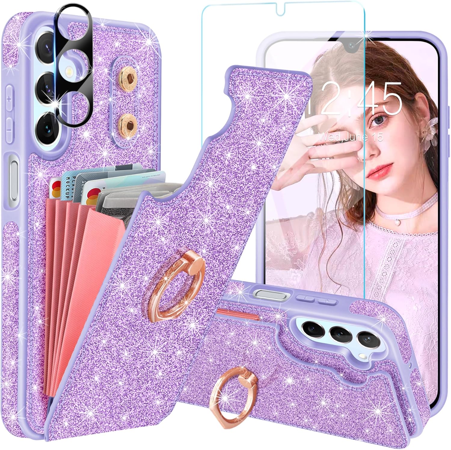 for Galaxy A15 5G Phone Case,Samsung Galaxy A15 5G Case Wallet with [Screen Protector+Camera Lens Protector] Glitter 5 Card Holder 360°Ring Stand Cute Shockproof Cover for Women Girls,Purple