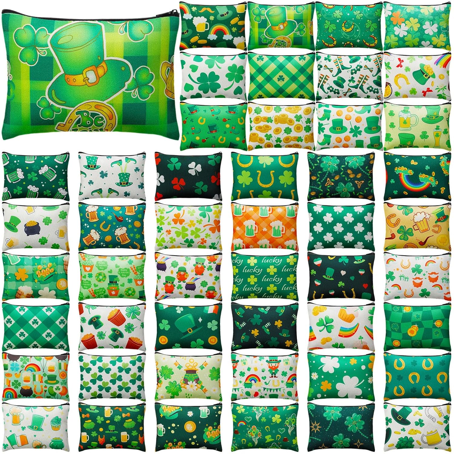 48 Pcs St. Patrick's Day Makeup Bags Bulk Canvas Cosmetic Bags Green Toiletry Storage Zipper Pouch Portable Travel Purse Organizer for Irish Holiday Party Gifts