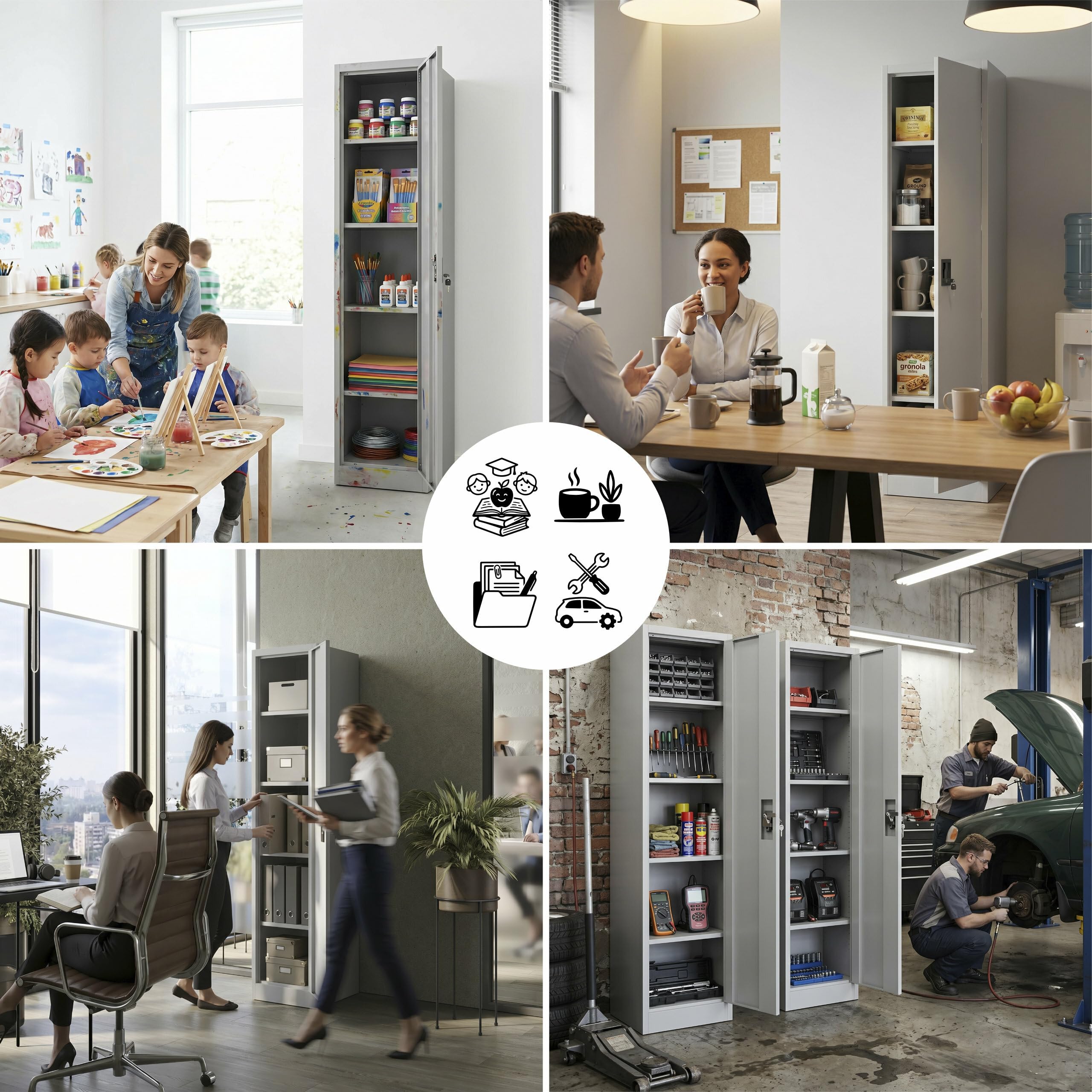 Muralo Metallschrank mit 4 verstellbaren Fachböden Abschließbar - Hellgrau | Aktenschrank 185x40x45 cm mit Sicherheitszylinderschloss, Belastbar bis 50 kg, Pulverbeschichtung, ideal für Büro, Werkstatt