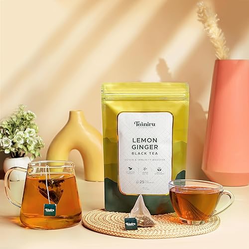 Miniatura 2 de Teaniru, Té de limón y jengibre, té desintoxicante para la limpieza corporal, 25 bolsas de té piramidal, té de hoja pura, té negro con sabor