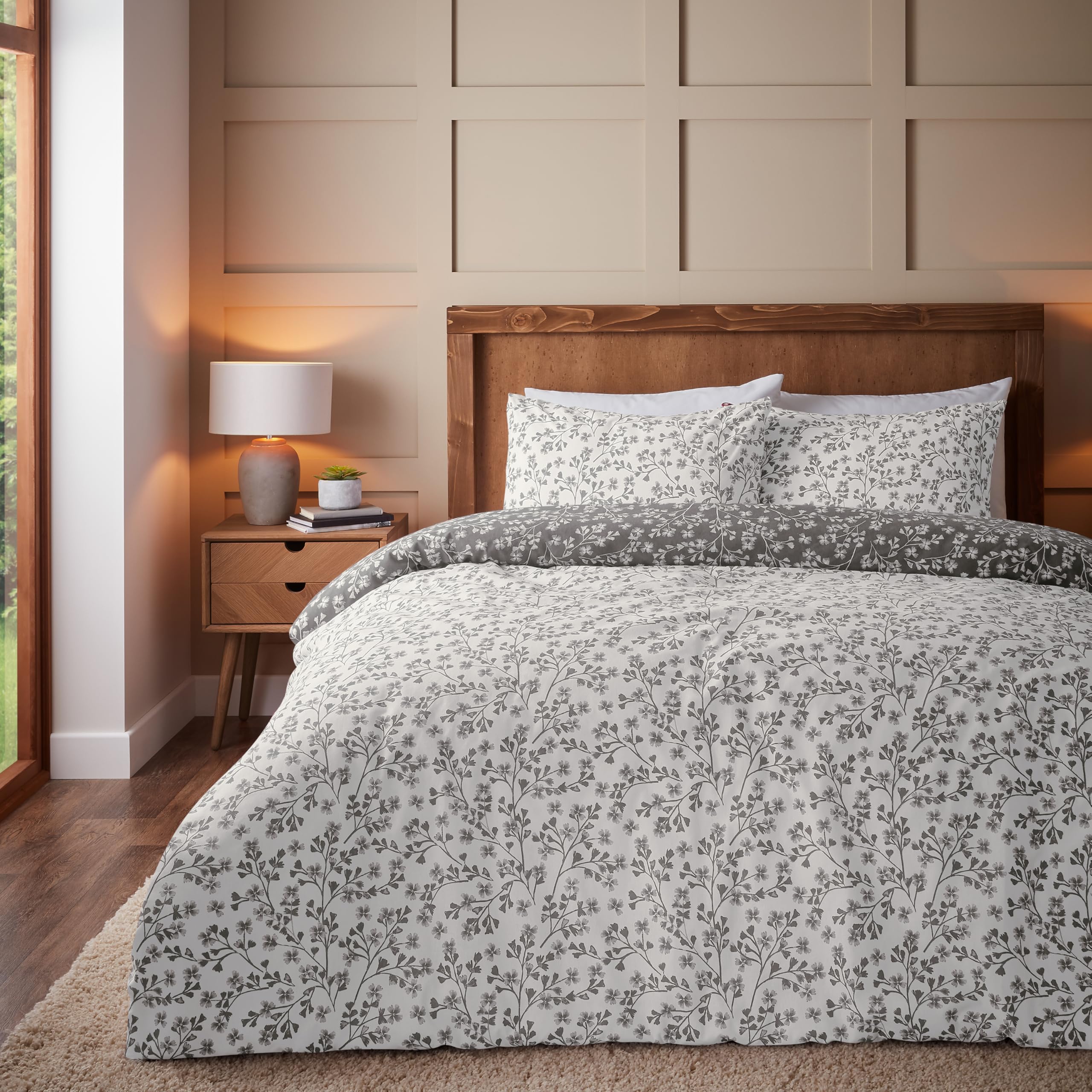 Catherine Lansfield Brushed Grace Floral Leaf Cotton Reversible Double Duvet Cover Set including Pillowcases Grey - Image 2