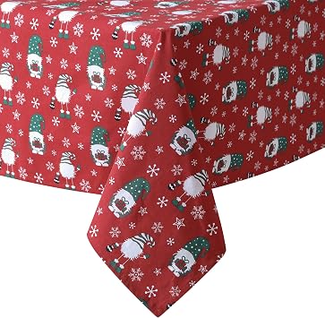 Home Bargains Plus Christmas Gnome Fabric Tablecloth, 60 x 84 Inch Rectangle, Red Holiday Gnome and Snowflake Print, Festive Winter Dining Table Cover for Christmas Meals and Parties