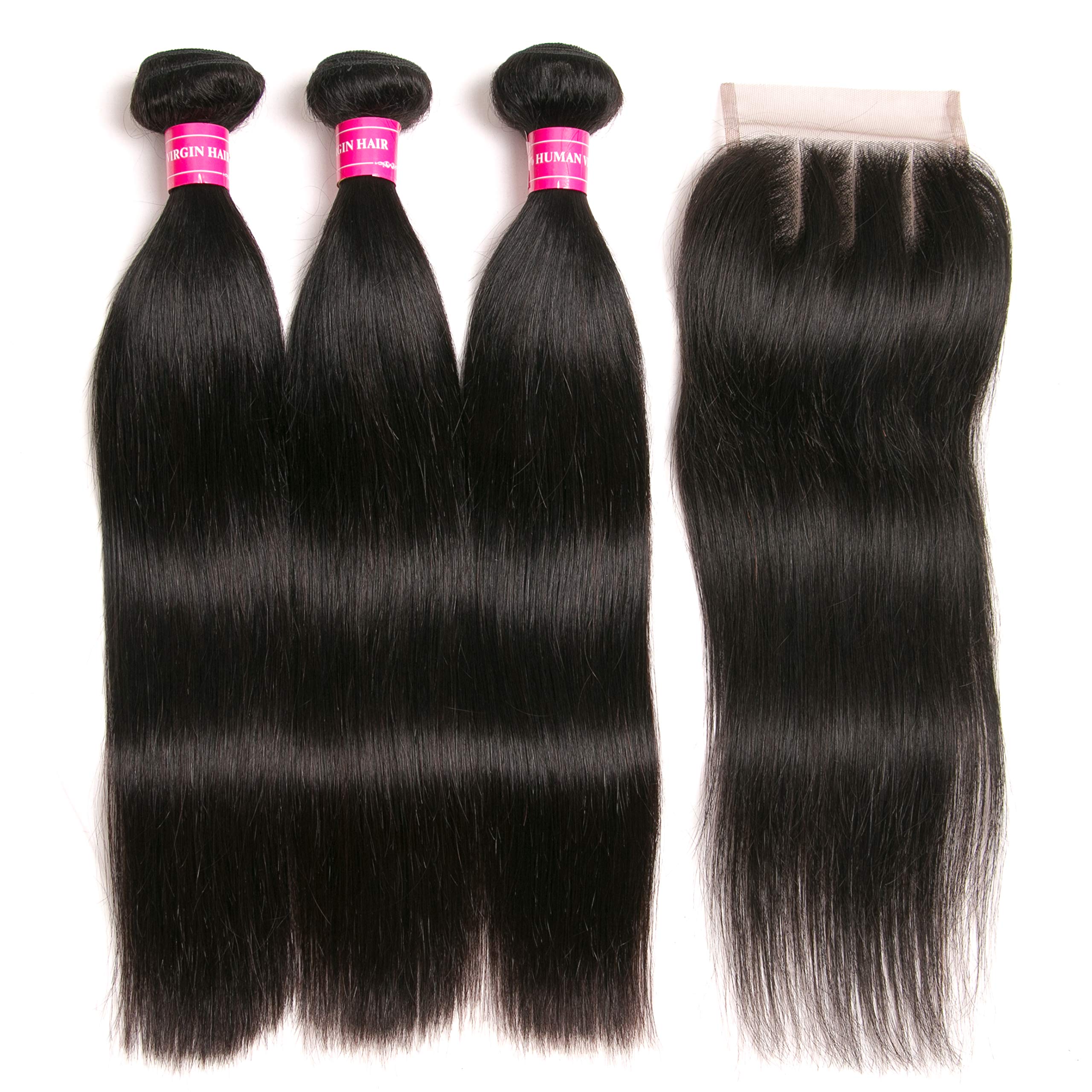 RUIMEISI Brazilian Straight Hair With Closure 3 Bundles Unprocessed Virgin Human Hair Bundles With Lace Closure Inch Part Hair Extensions Natural Color (20/22/24+18 Inch)