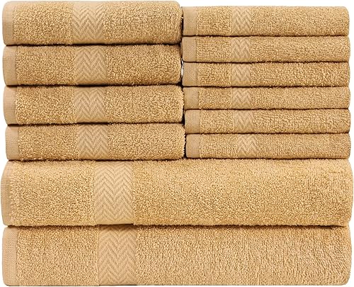 Superior Accesorios de baño Toallas de algodón suave, juego de 12 piezas, color dorado