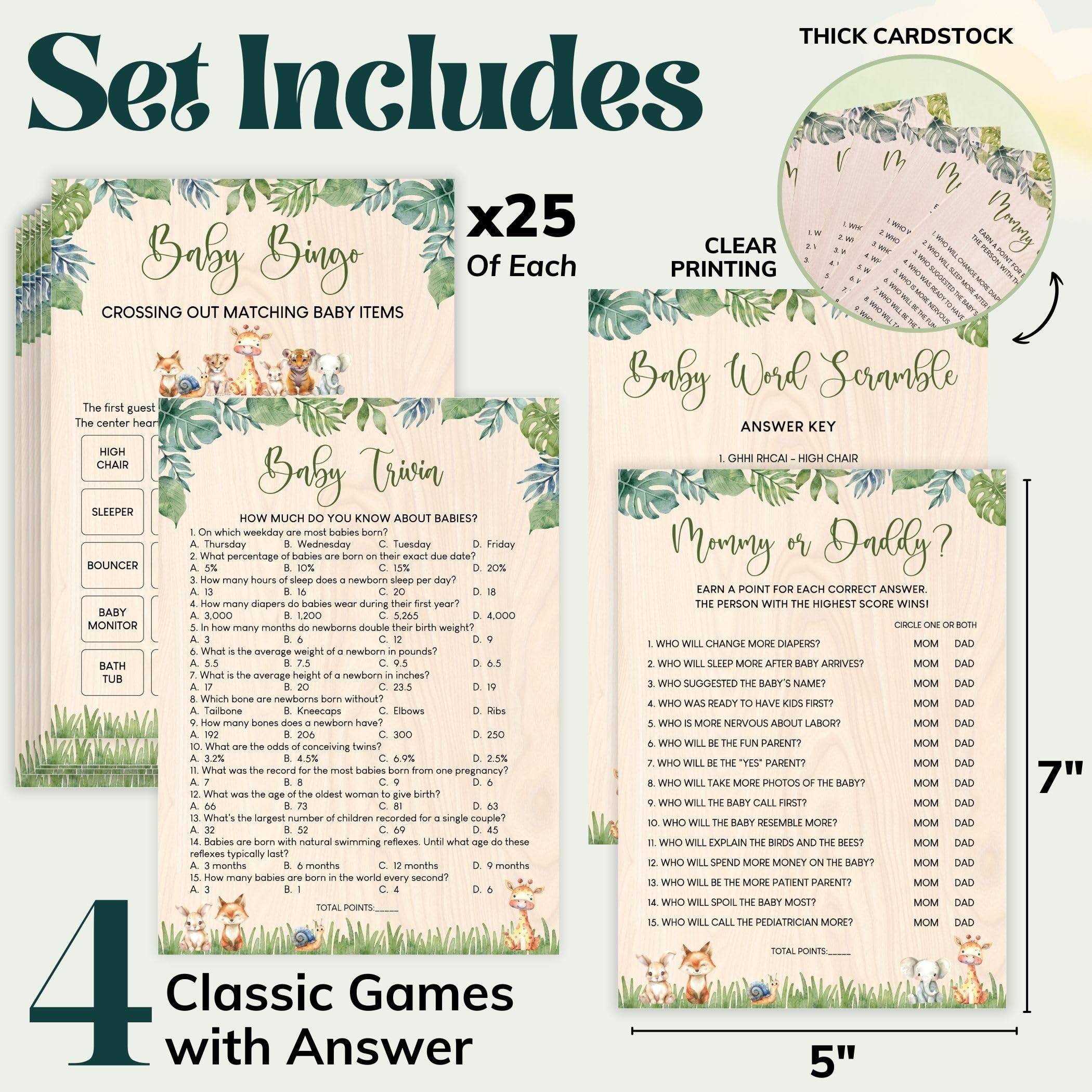 WOODAMORE Woodland Baby Shower Games For Boy - Forest Baby Shower Bingo Game For 25 Guests, Fun Mommy Or Daddy Game Trivia Woodland Theme Decorations
