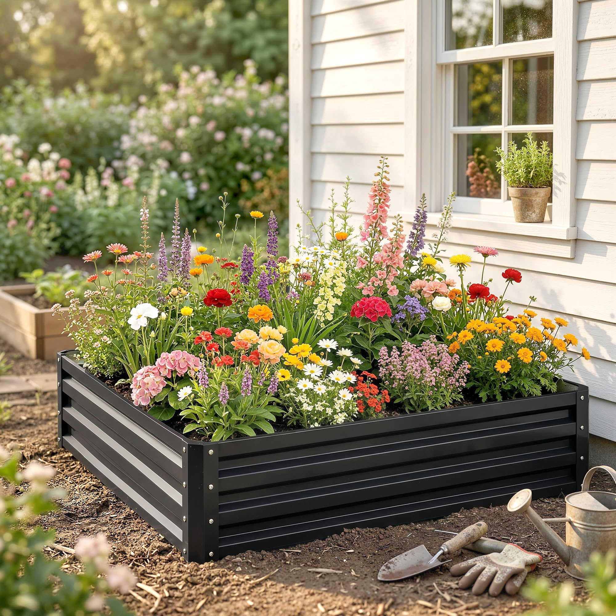Outsunny Hochbeet für Garten, Terrasse Stahl 120 x 120 x 30 cm Grau