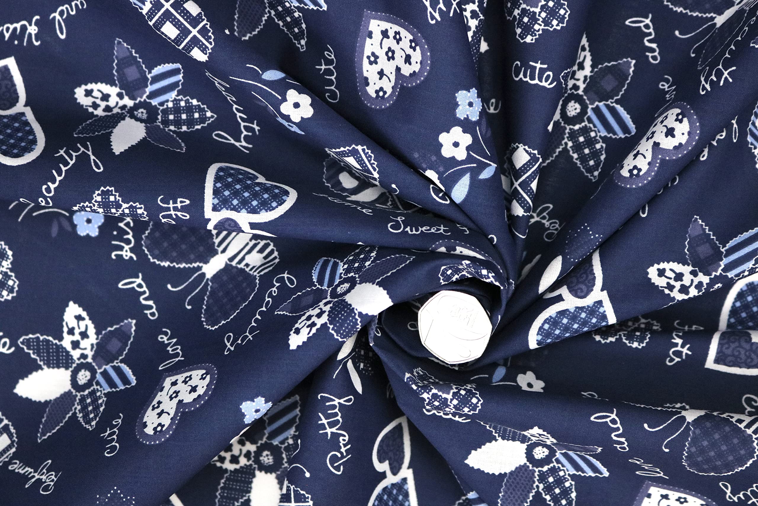 Pyrhan Butterfly Patchwork Hearts Printed Fabric -45 Inch Wide Polycotton Fabric by The Metre- Similar to 100% Cotton - Quilting, Sewing Kits and Accessories (Navy)