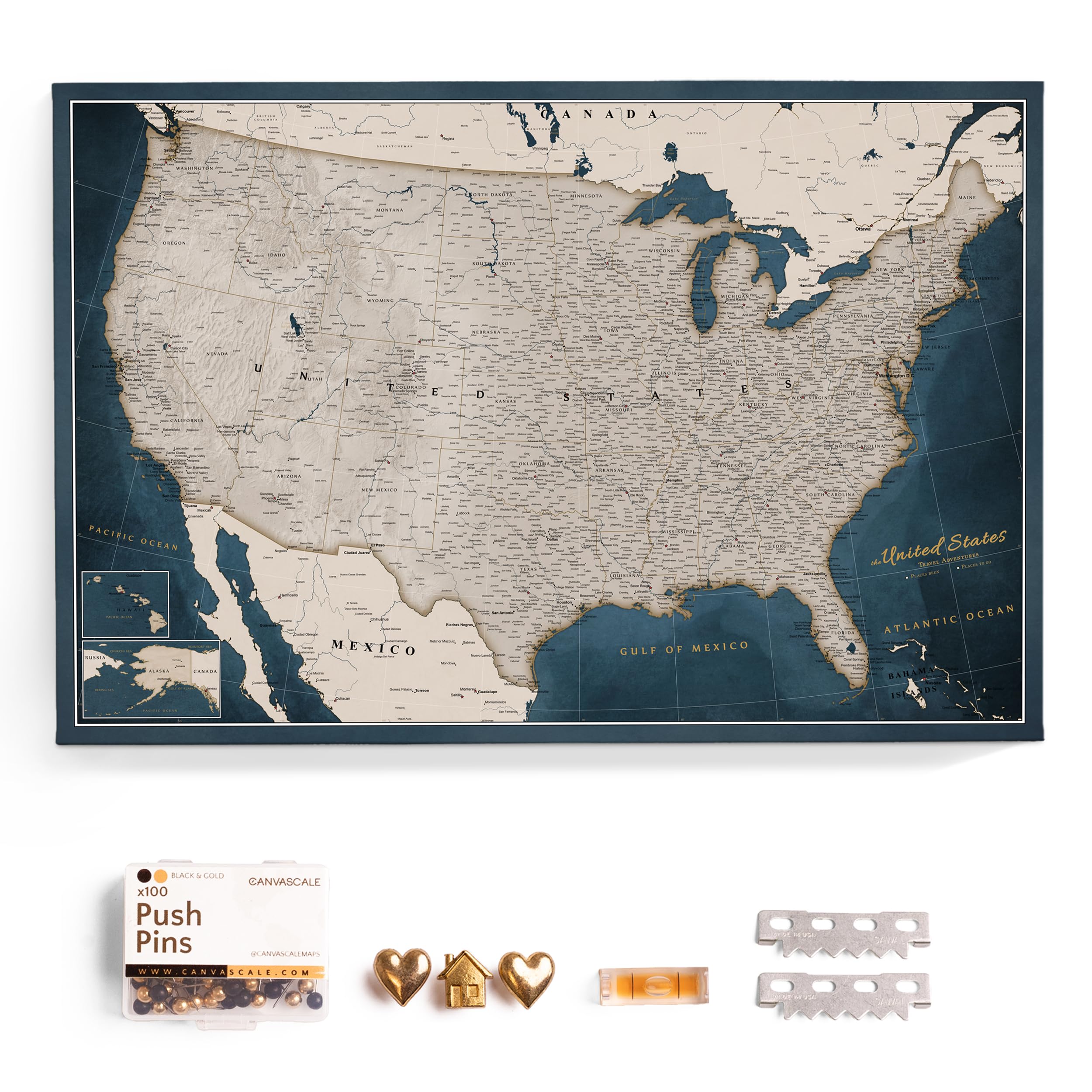 USA Map Canvas Wall Art with Cork Pin Board – Decorative Push Pin Travel Map for Home, Office, Living Room, Bedroom (70x50cm - Pattern 19)