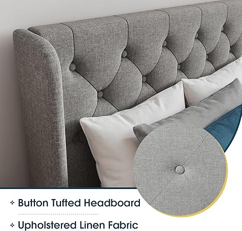 Miniatura 11 de WEEWAY Base de cama tapizada tamaño Queen con cabecera copetuda con respaldo de alas, plataforma moderna con soporte de listones de madera, fácil