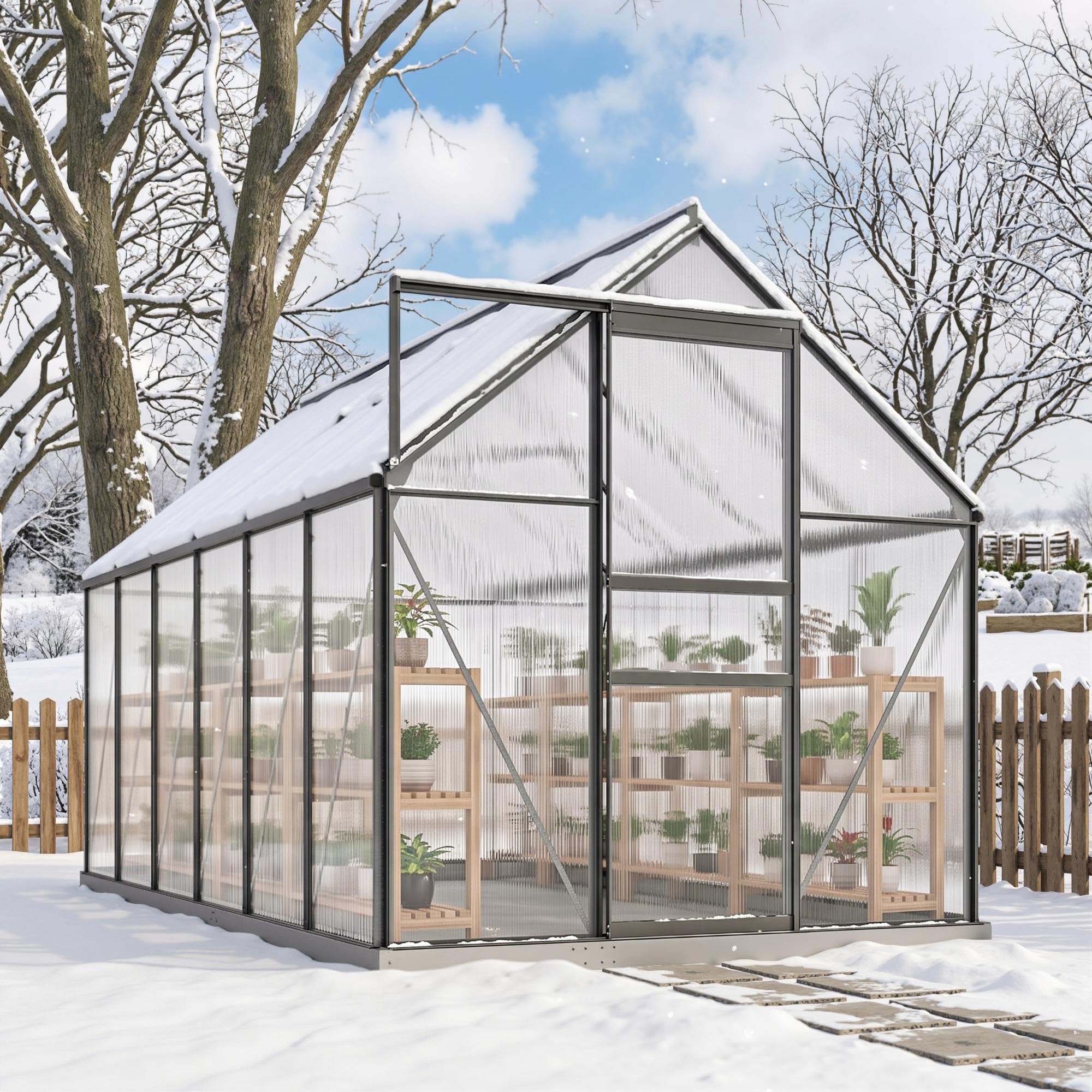 Outsunny Serre de Jardin 7 m² avec Fondation 190 x 375 x 199 cm Gris Foncé | en Aluminium Polycarbonate, Fenêtre Réglable, Porte Coulissante, Abri Extérieur Résistant aux Intempéries