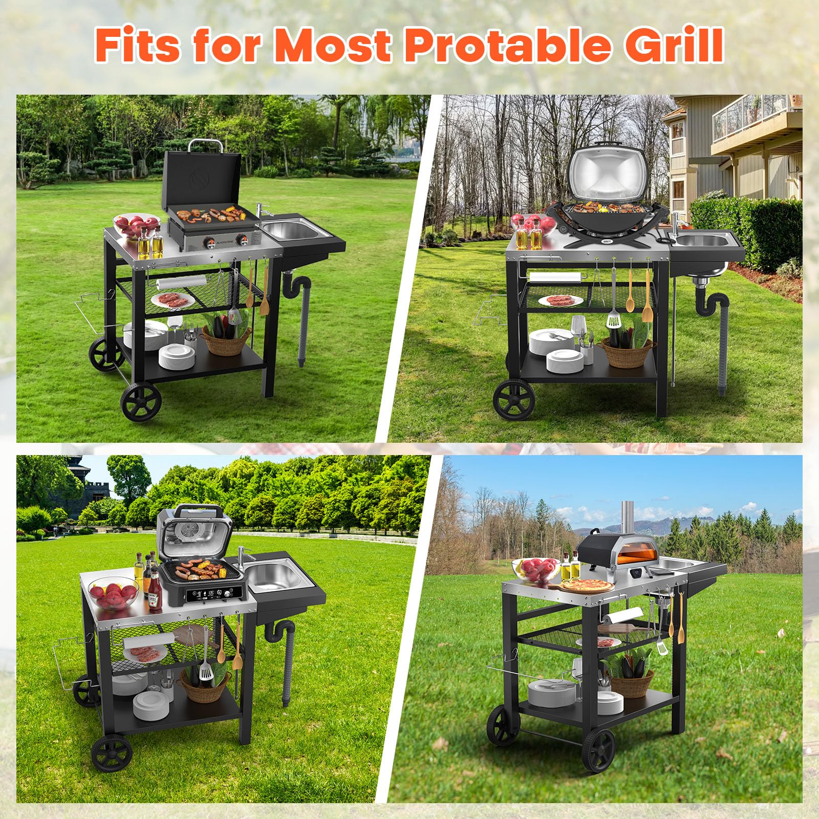 GFTIME Carrito de barbacoa de 107 x 63 x 81 cm, con fregadero de Woofire, para hornos de pizza, para barbacoas al aire libre, resistente a la intemperie, para hornos de pizza, para Weber Q1000