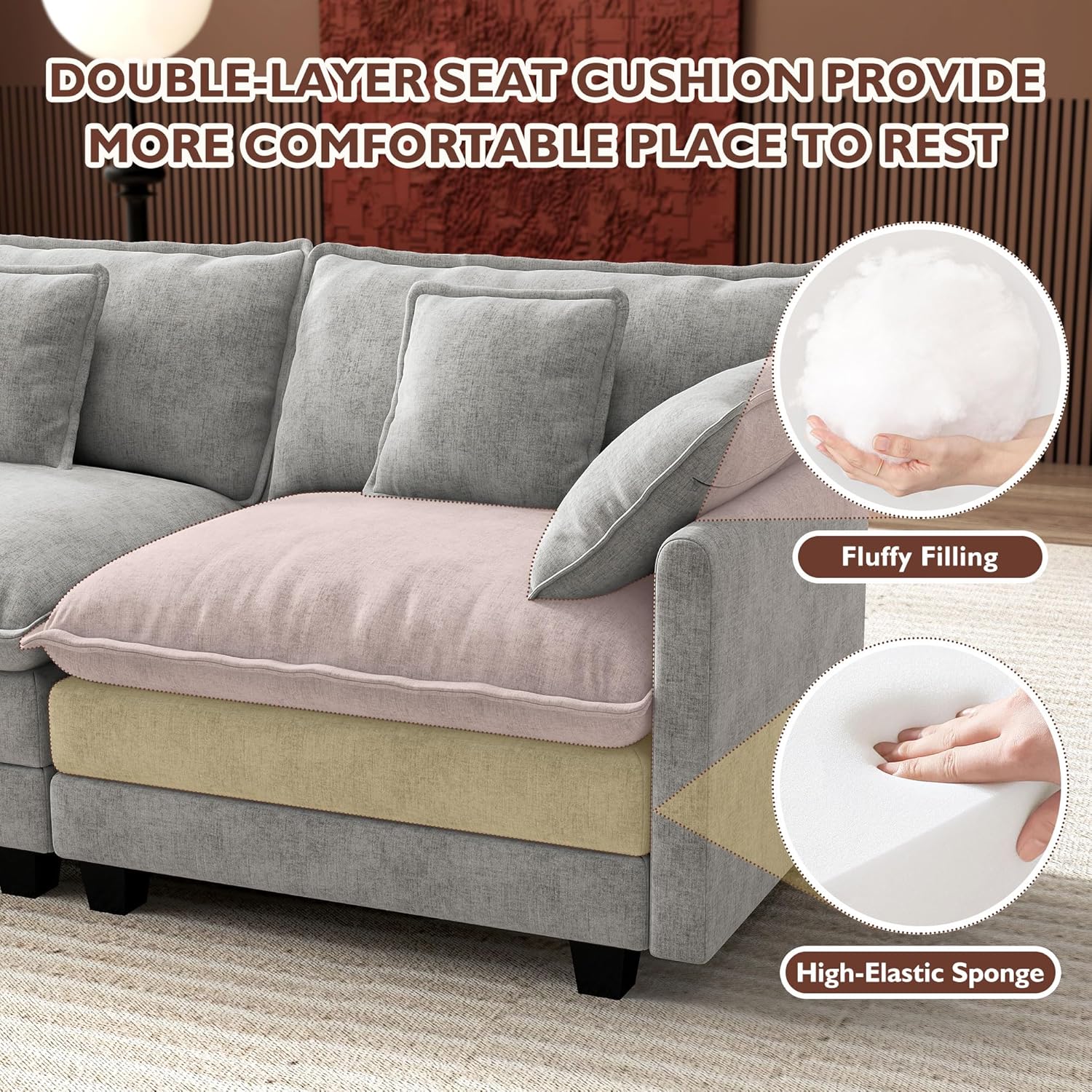Ihanherry 114" V-Shaped Modern Sofa Modular Sectional Cloud Couch with Corner Section, 5-Seat Chenille Deep Seat Sofa with 5 Pillows for Living Room, Bedroom and Apartment, Grey