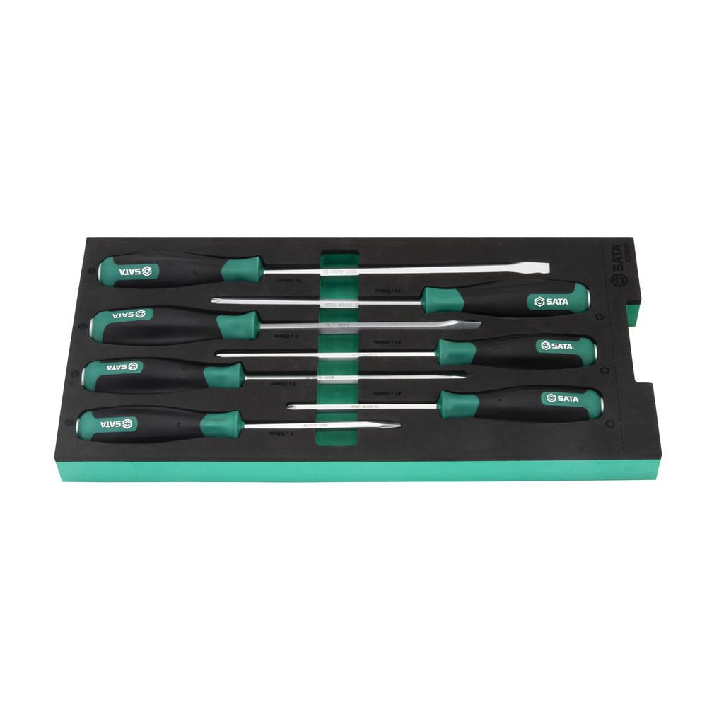 SATA ST09919G - Juego de destornilladores (7 piezas, 400 x 187 mm, cuchillas de acero de alto rendimiento, mango de metal con tapa de impacto, mango ergonómico y suave)