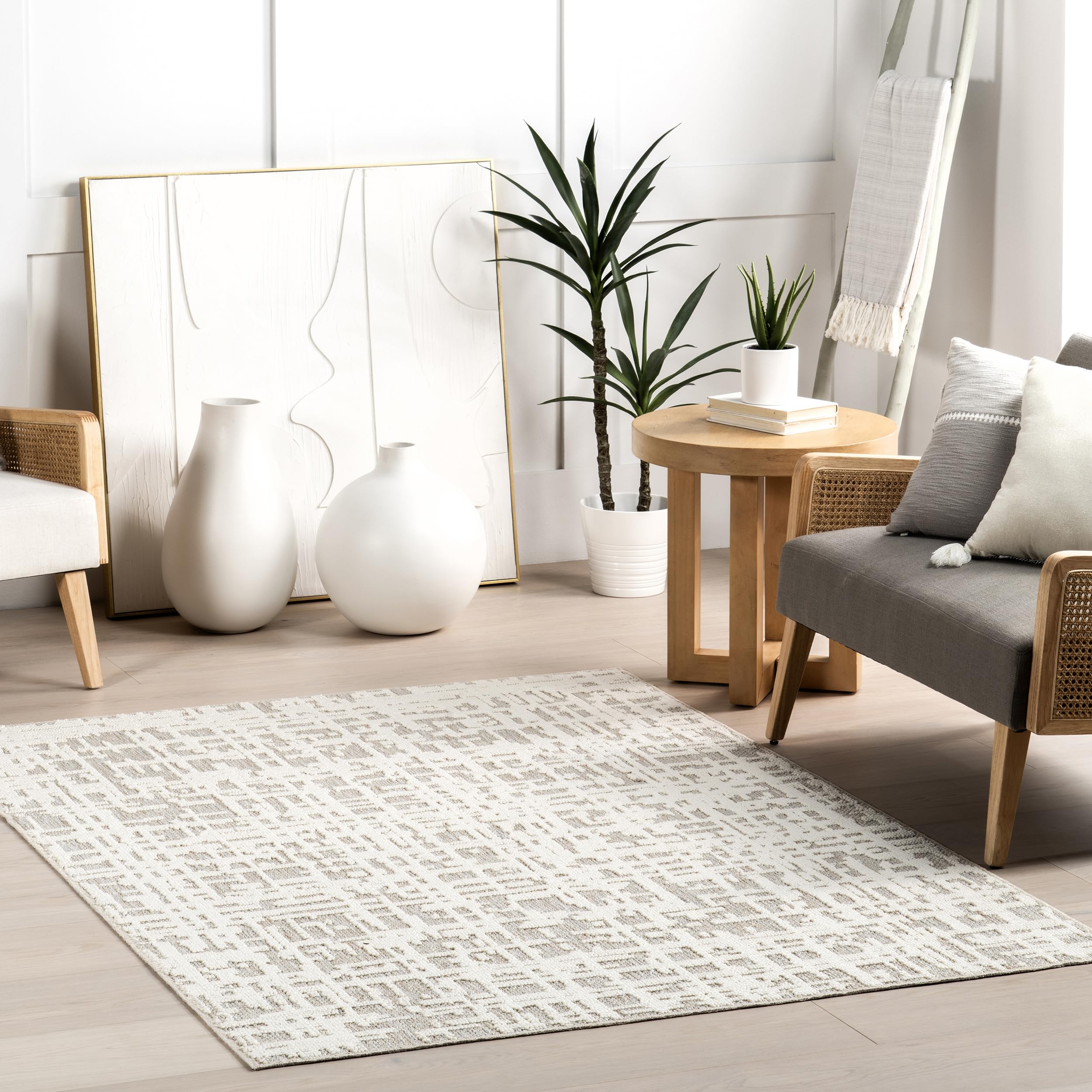 Tapis abstrait lavable nuLOOM pour chambre et salle à manger ambiance cosy gris clair