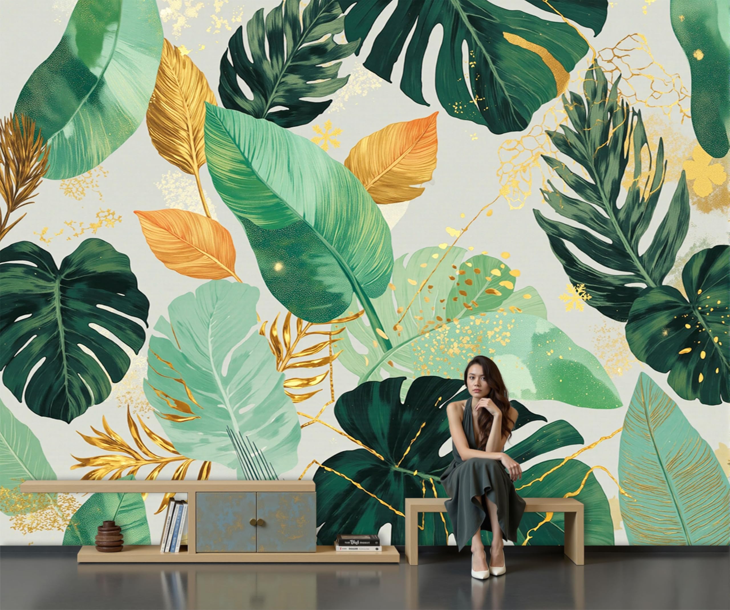 Papier peint tropical feuilles abstraites pour un salon apaisant