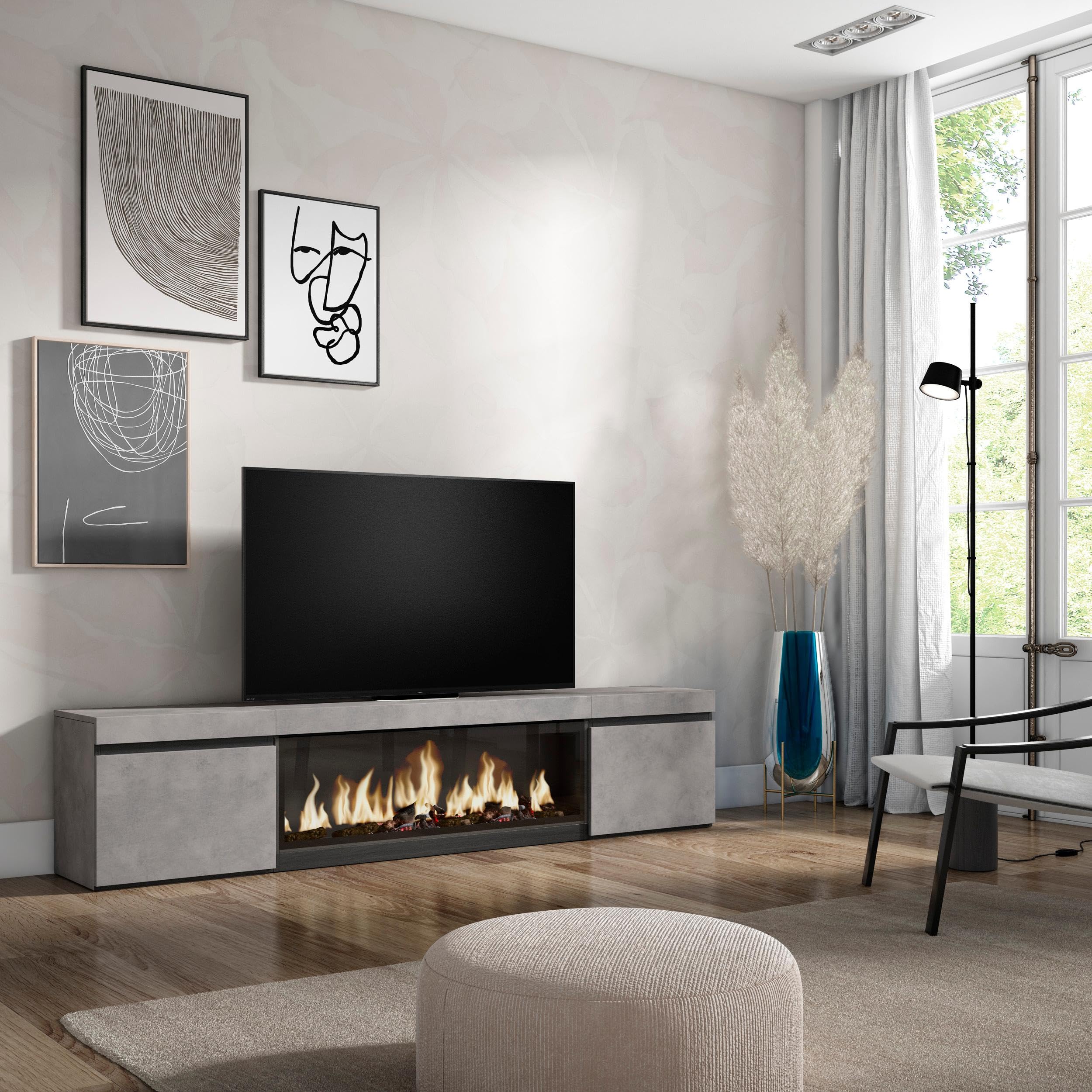 Skraut Home | Mobile TV Soggiorno | Ampio spazio a disposizione | 210 | Per TV fino a 80" | Camino elettrico XXL | Stile moderno | Cemento