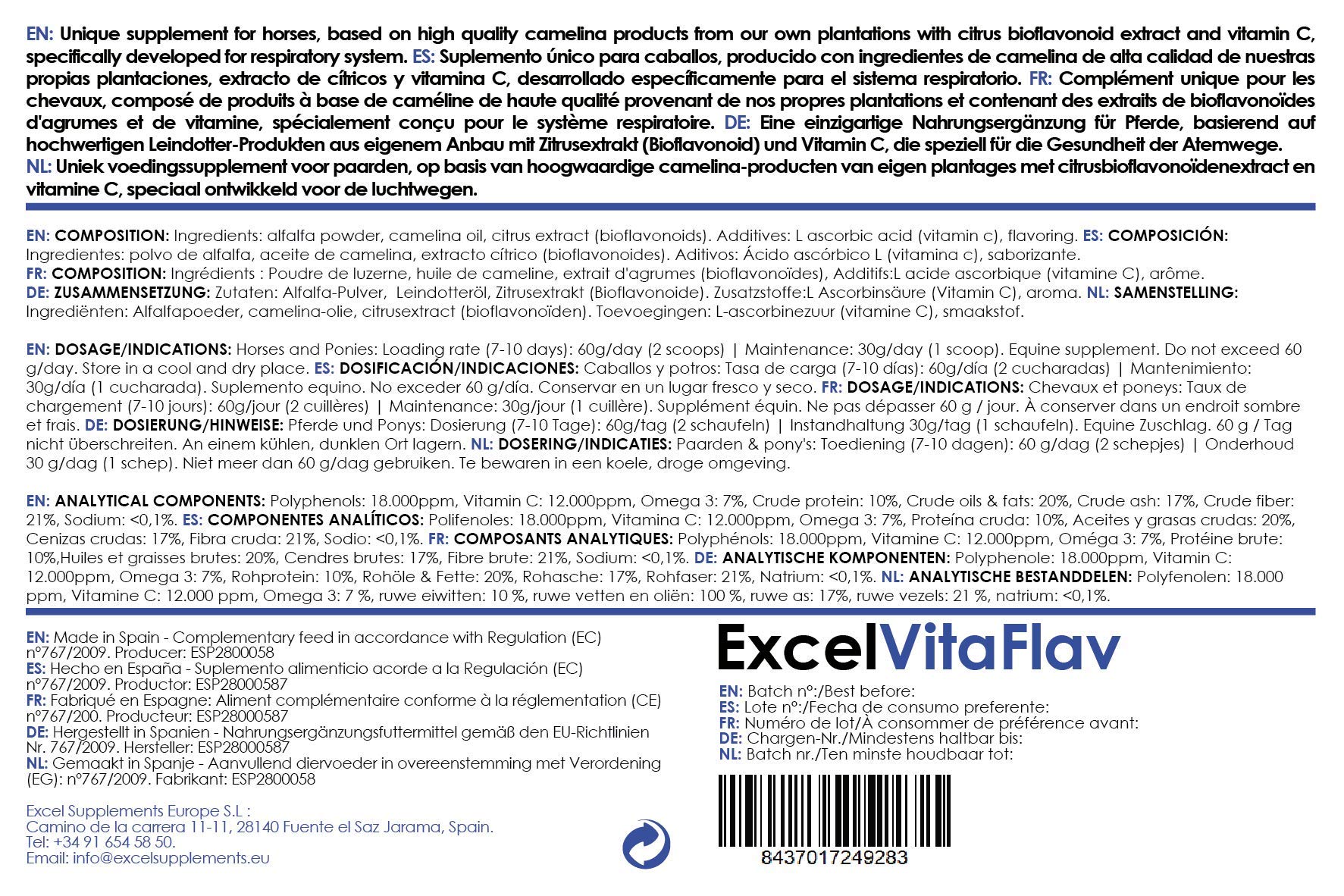 Excel Supplements VITAFLAV - Suplemento Alimenticio para Caballos | Mejora la Capacidad de respiración del Caballo | Aumenta el Rendimiento | Cuidado del Caballo | 1KG