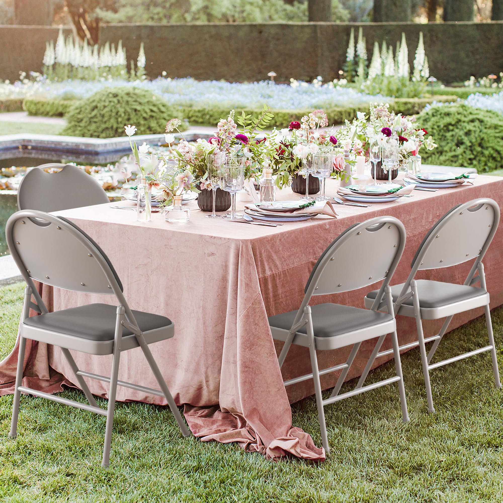 Juego de 2 sillas plegables con piel sintética acolchada para asiento y respaldo, silla plegable de metal apilable hasta 160 kg, silla de jardín y silla de invitados para eventos, salón