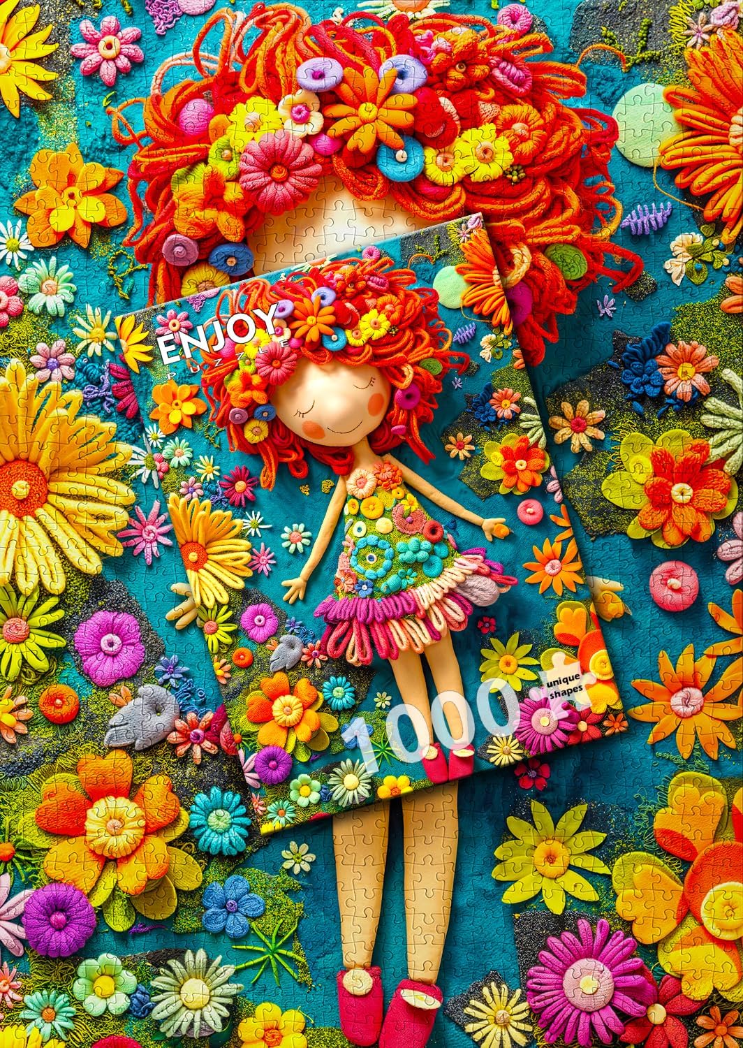 ENJOY Puzzle Adorable Knitted Yarn Doll and Flowers Illustration – 1000 Pieces Jigsaw Puzzle for Adults – Matte Finish, Soft Touch, Easy to Assemble, Tight Fit, Vivid Colors, Missing Pieces Service