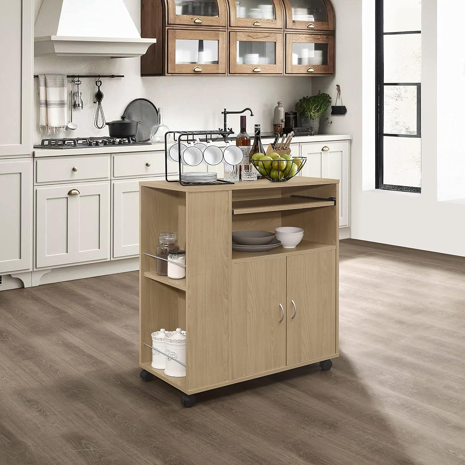 Kings Brand Furniture - Kitchen Island Rolling Cart on Wheels with Storage Cabinet, Beech