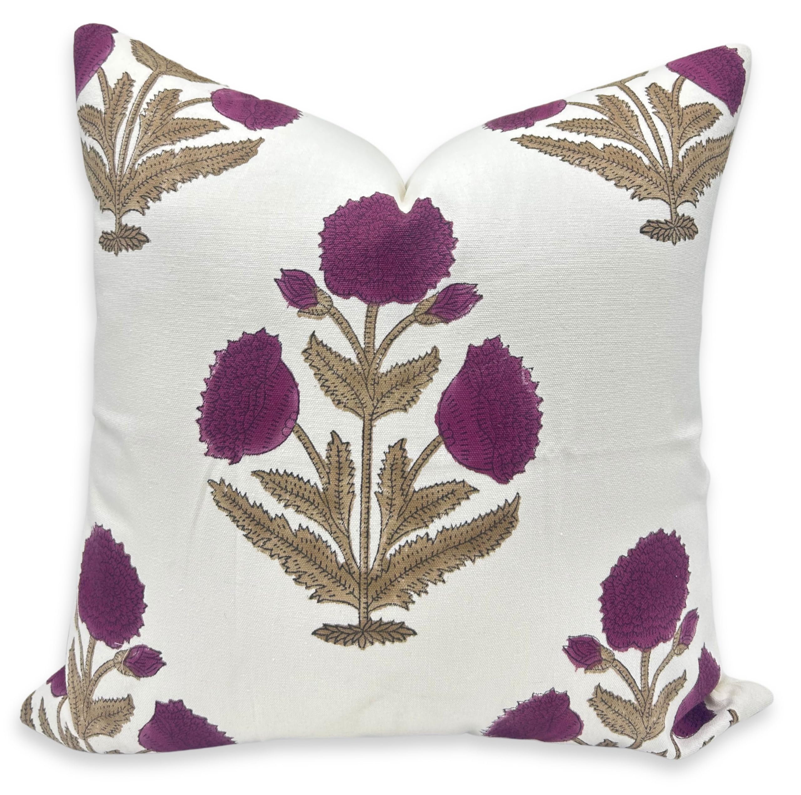 Fabritual Handmade Boho Floral Printed 14x14 Inch Thick Cotton White Pillowcase Cushion Cover with Zipper Decorative for Living Room, Bedroom,