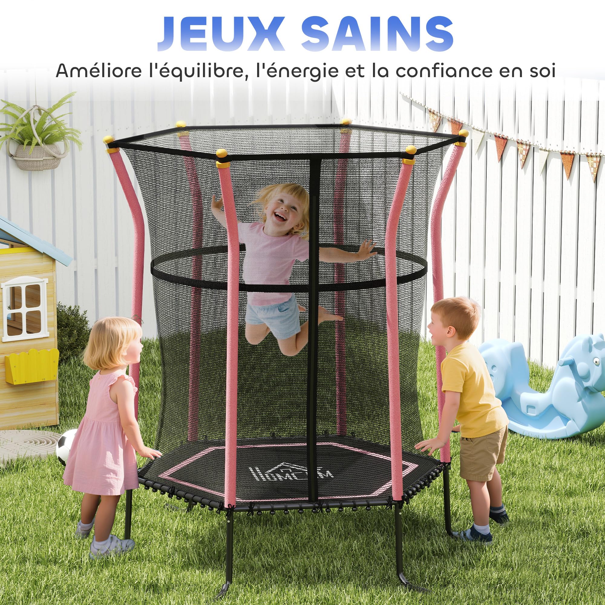 HOMCOM Trampoline pour Enfant 1,22 x 1,11 x 1,9 m Filet de sécurité Porte zippée 6 poteaux rembourrés Inclus sans Ressort Charge Max. 50 kg