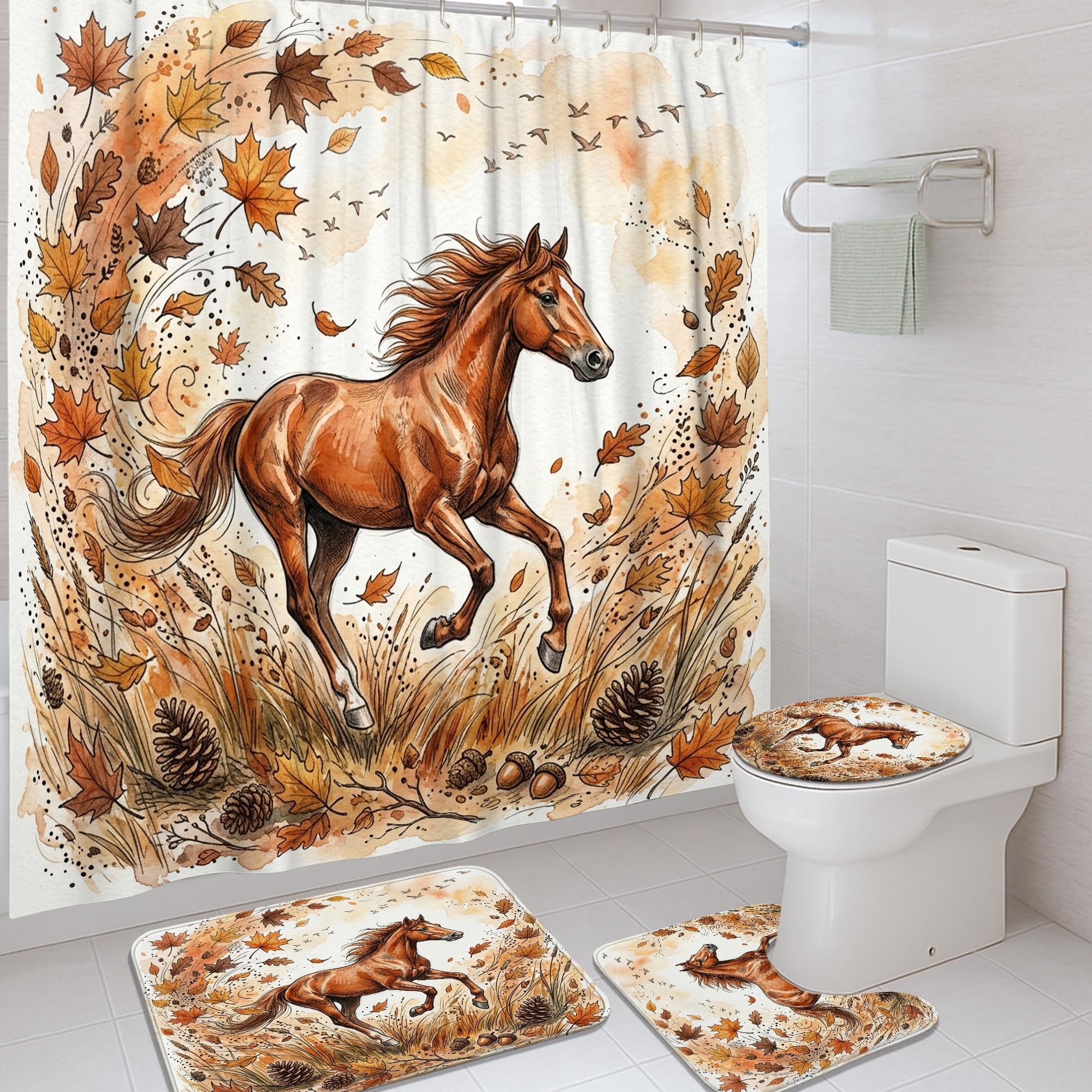 Rideau de douche motif cheval feuilles automne marron lavable avec crochets 183x183