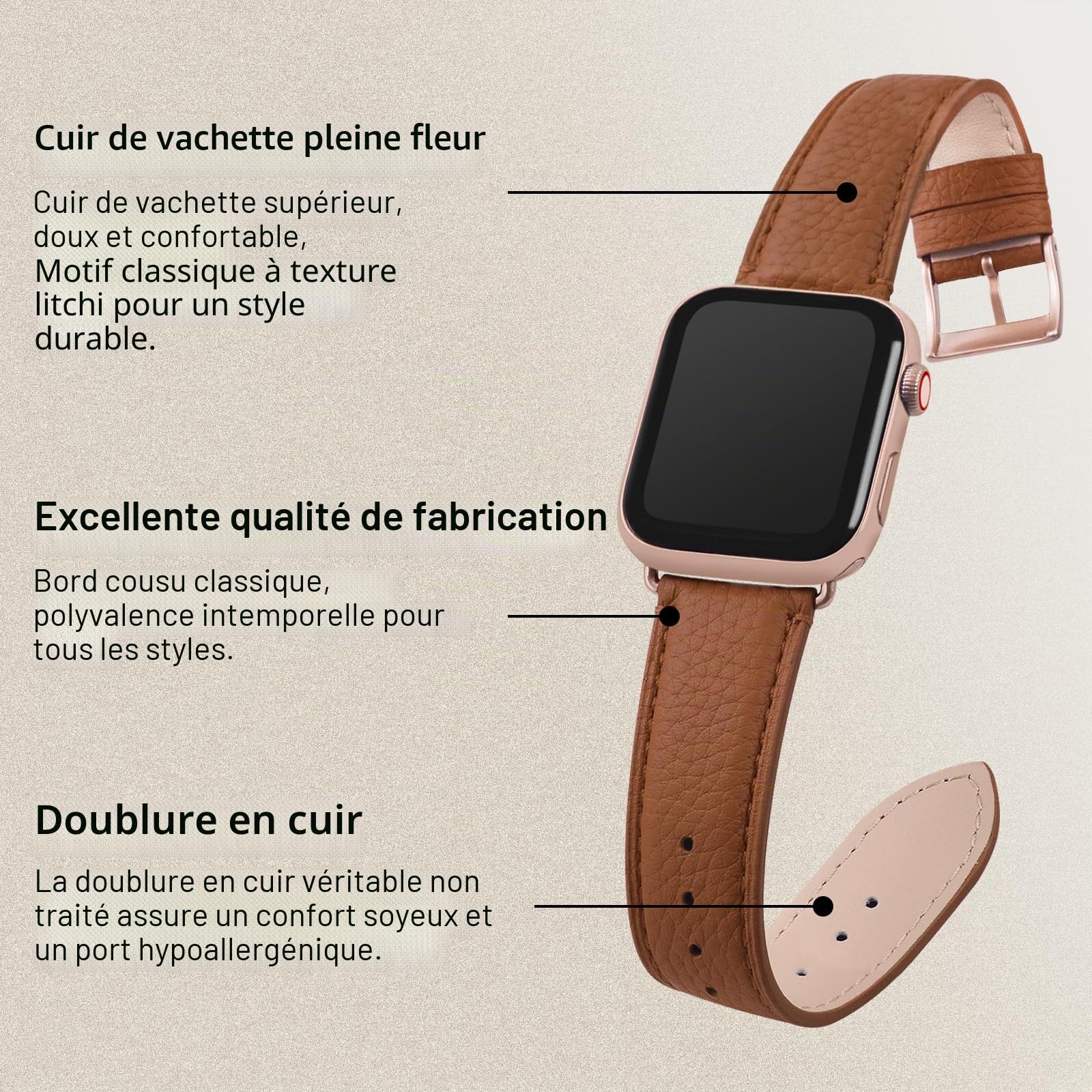 Fullmosa Bracelets en Cuir Véritable Compatible avec Apple Watch 42mm(S11/10)/41mm/40mm/38mm Femme Homme,iWatch Btacelet pour iWatch SE3/2/1 Series 11/10/9/8/7/6/5/4/3/2/1, Brun+Or Rose Fermoir